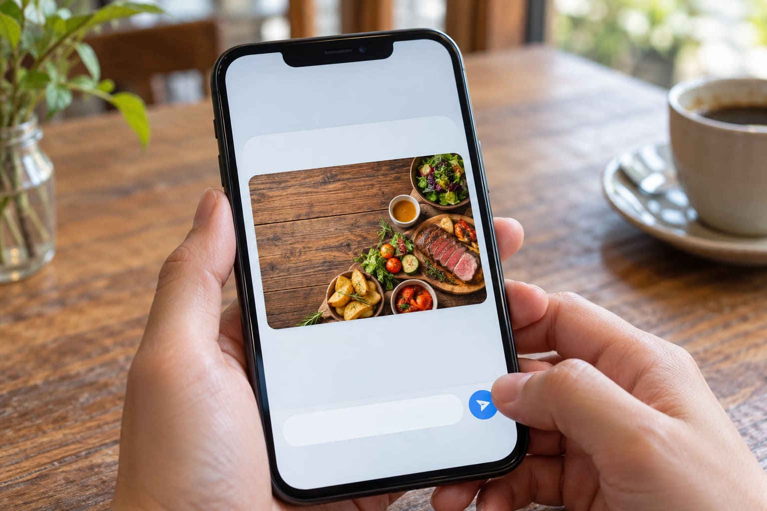 スマートフォンの画面に、AIで作った飲食店の看板のデザイン画像を表示し、メッセージで送ろうとしている手元