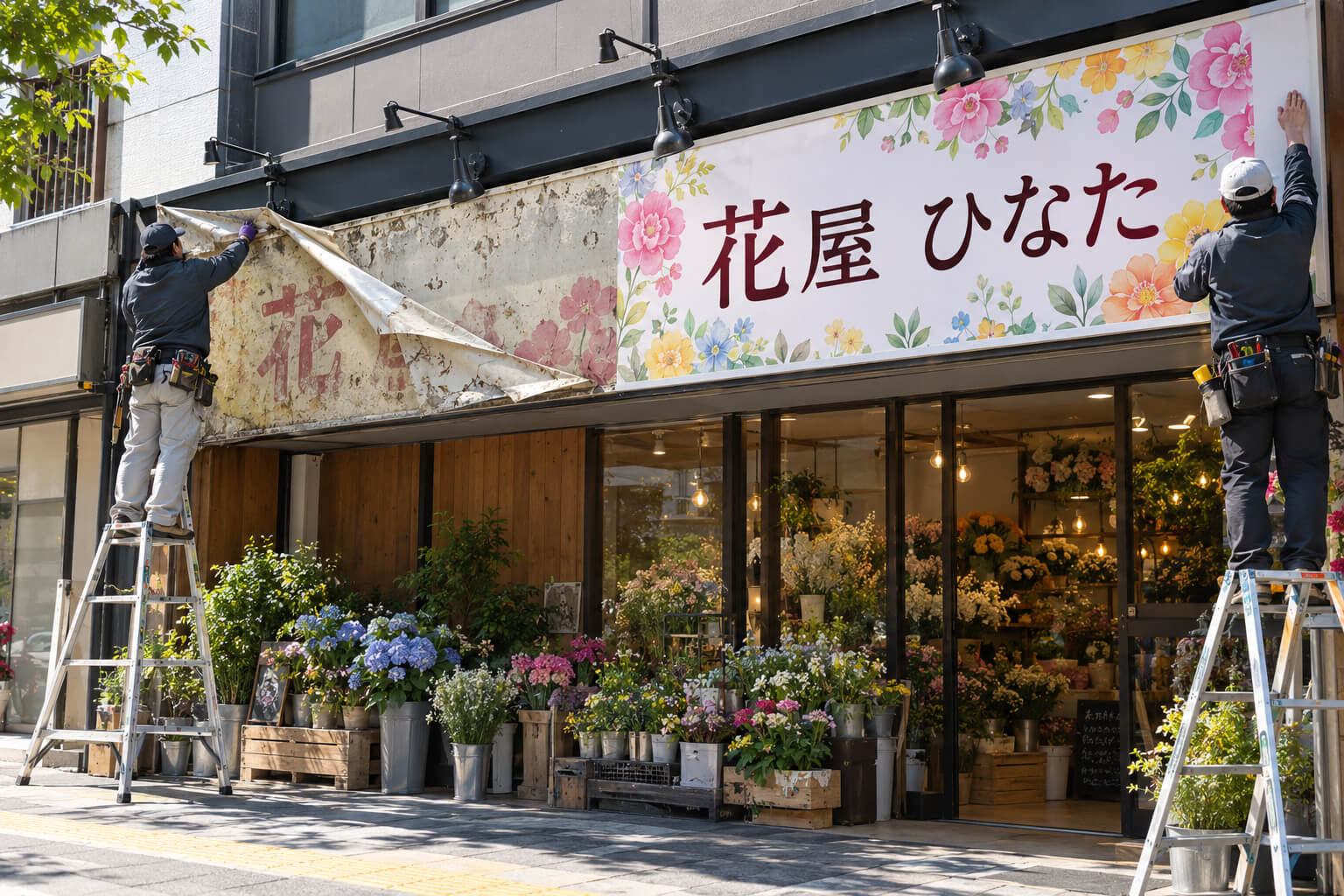 職人が壁面看板の色褪せた古いシートを剥がし、新しいシートを貼っている様子