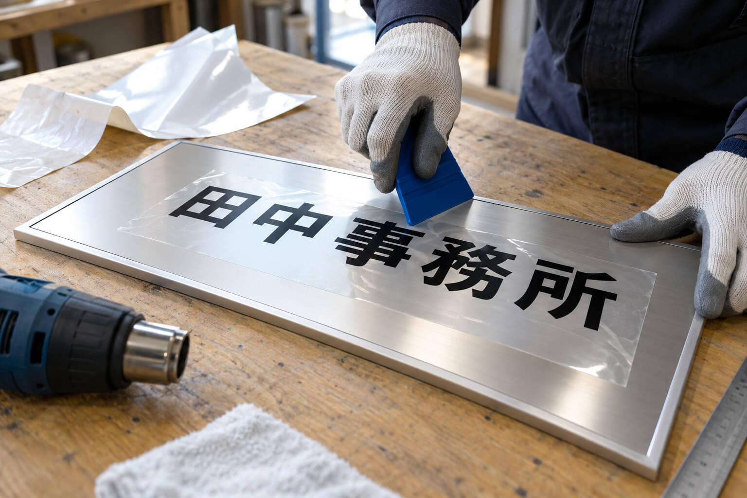 作業台の上で、小さなプレート看板に新しいシートを貼り、スキージーで空気を抜いている手元