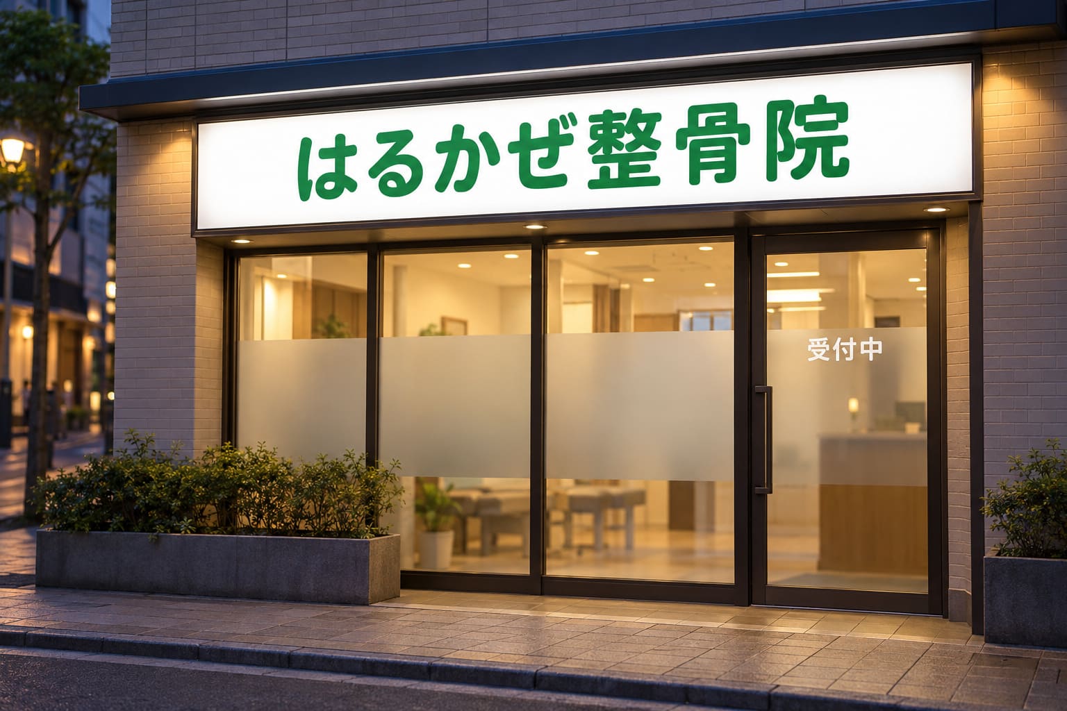 1階が整骨院の店舗で、正面の横長の看板が中から白く光り、ガラス窓に案内のシートとすりガラス調のフィルムが貼られている様子