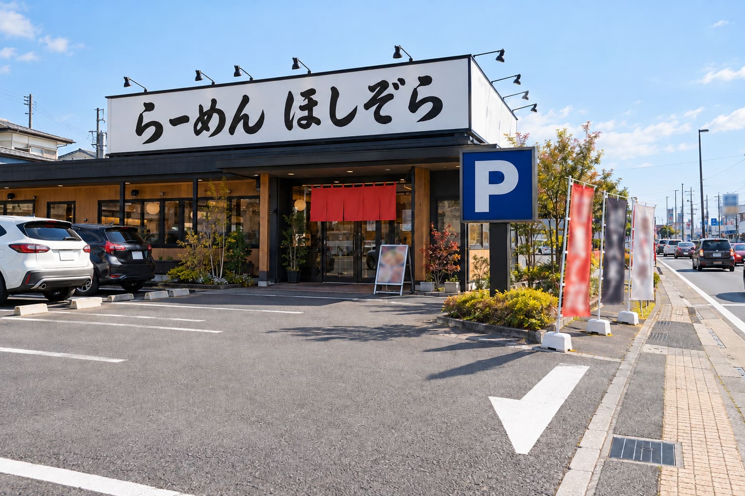 交通量の多い道路沿いのラーメン店の外観で、屋根の上に大きな平看板とスポットライトの列、入口に日よけ幕とのぼり、駐車場に案内の看板がある様子
