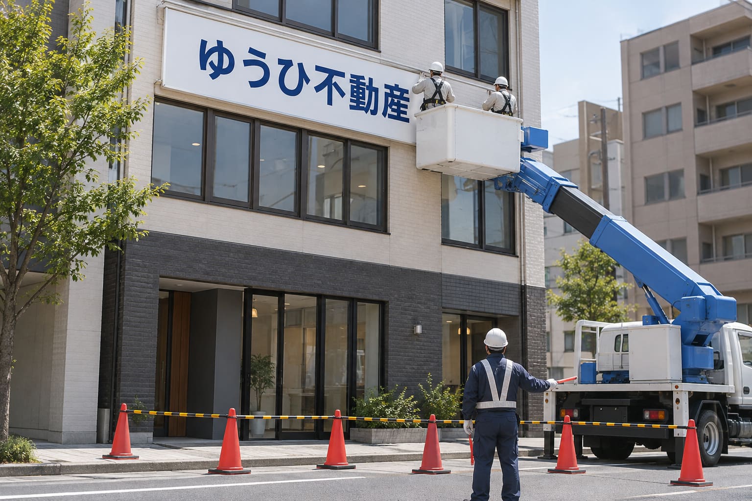 高所作業車のバケットに乗った作業員が、3階建ての建物の外壁に横長の看板を取り付けている様子
