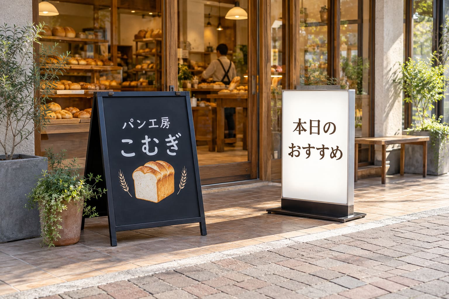 パン屋の入口の前の敷地に、店名を入れた黒いA型のスタンド看板と、白い電飾スタンド看板が置かれている様子