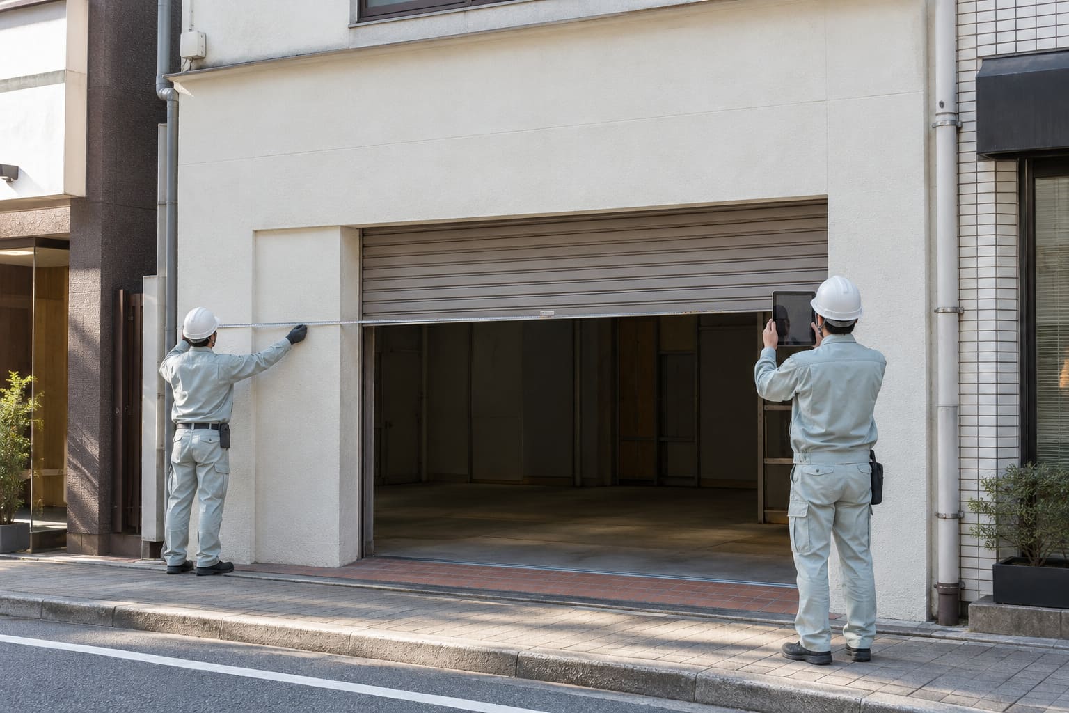 店の正面の前で、作業着の担当者がメジャーで壁の幅を測り、もう一人がタブレットで建物の写真を撮っている様子