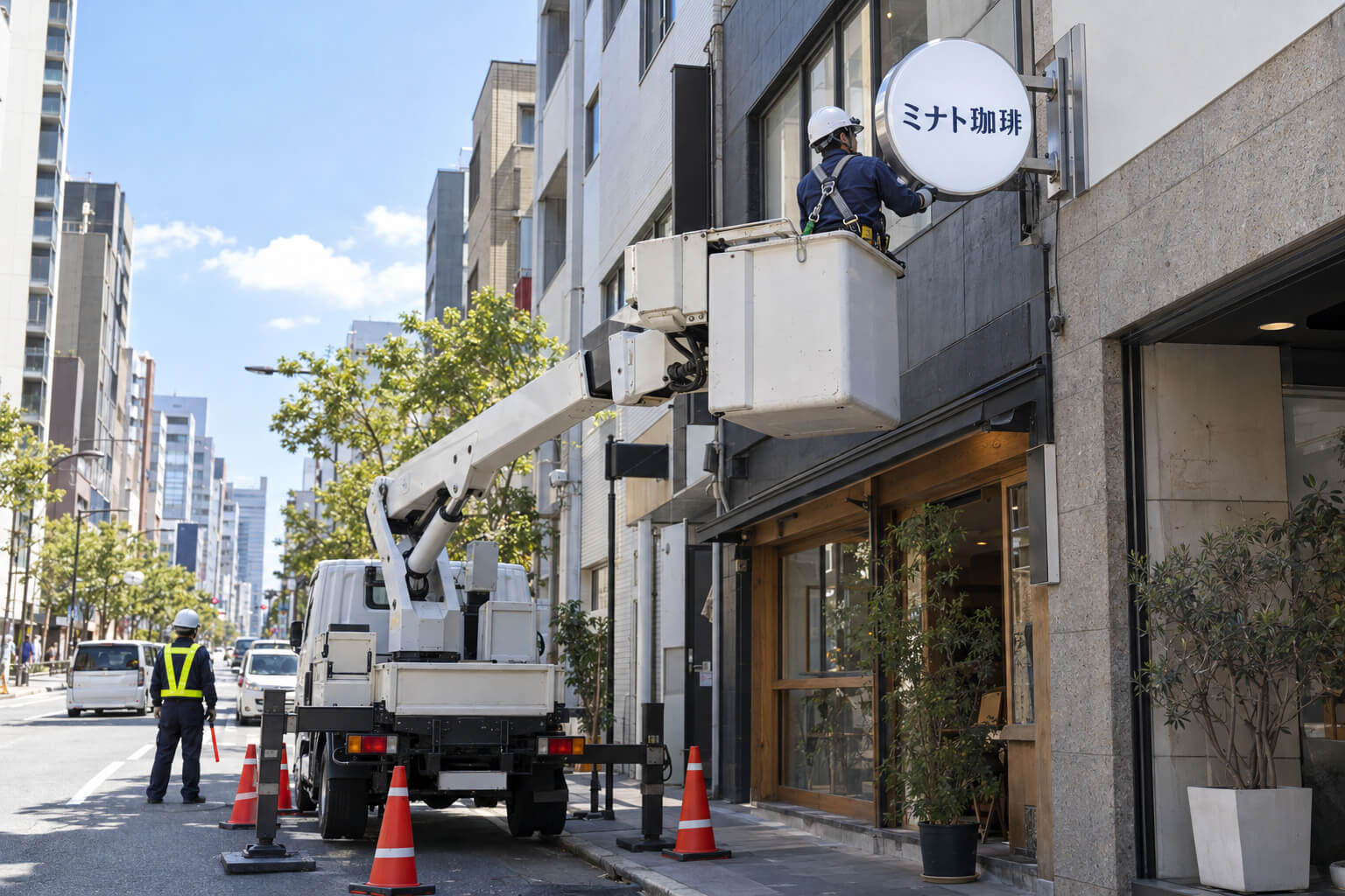 高所作業車のバケットに乗った作業員が、店舗ビルの2階の壁に袖看板を取り付けている様子
