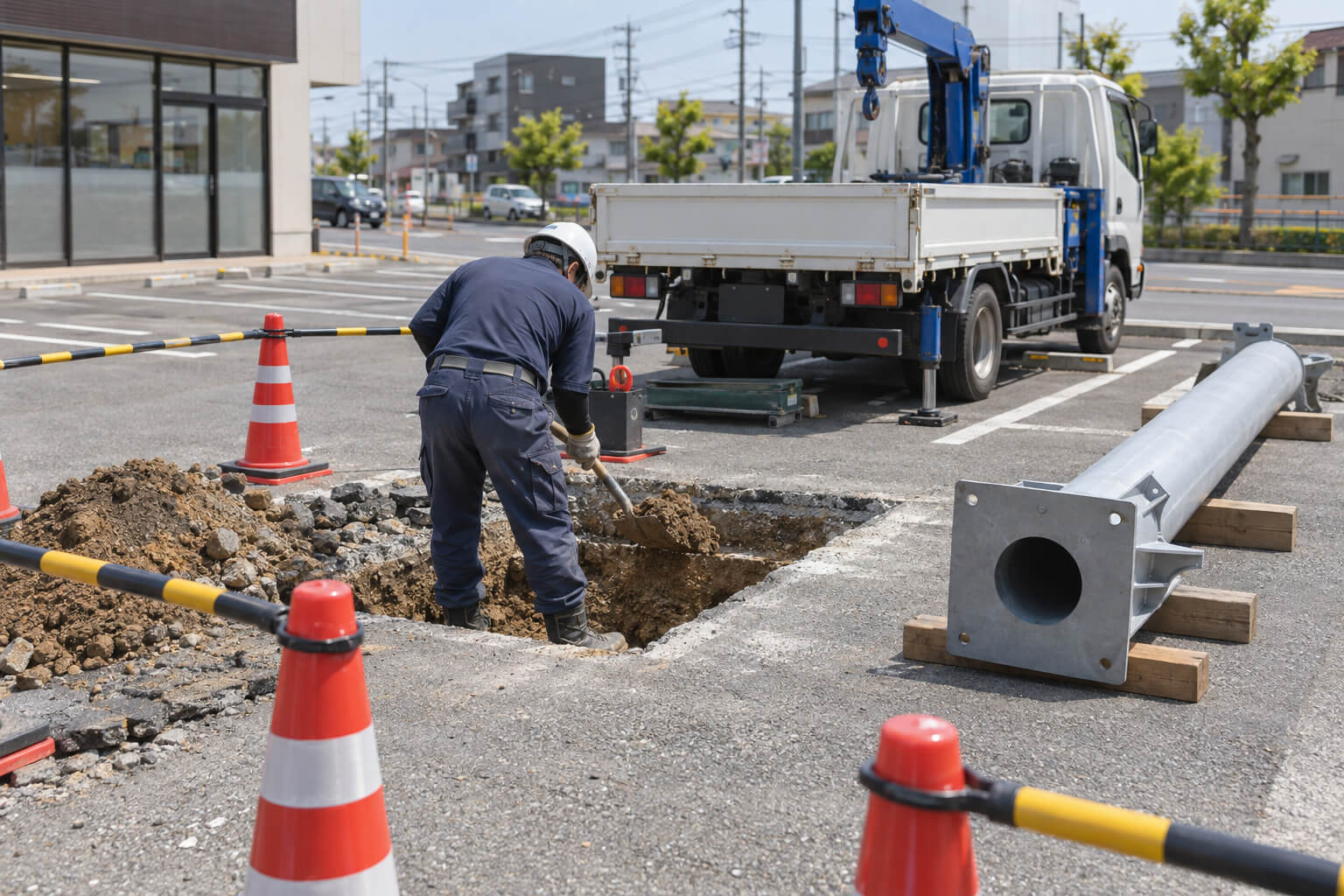 自立看板を建てるために、駐車場のアスファルトを掘って基礎の穴を作っている工事の様子
