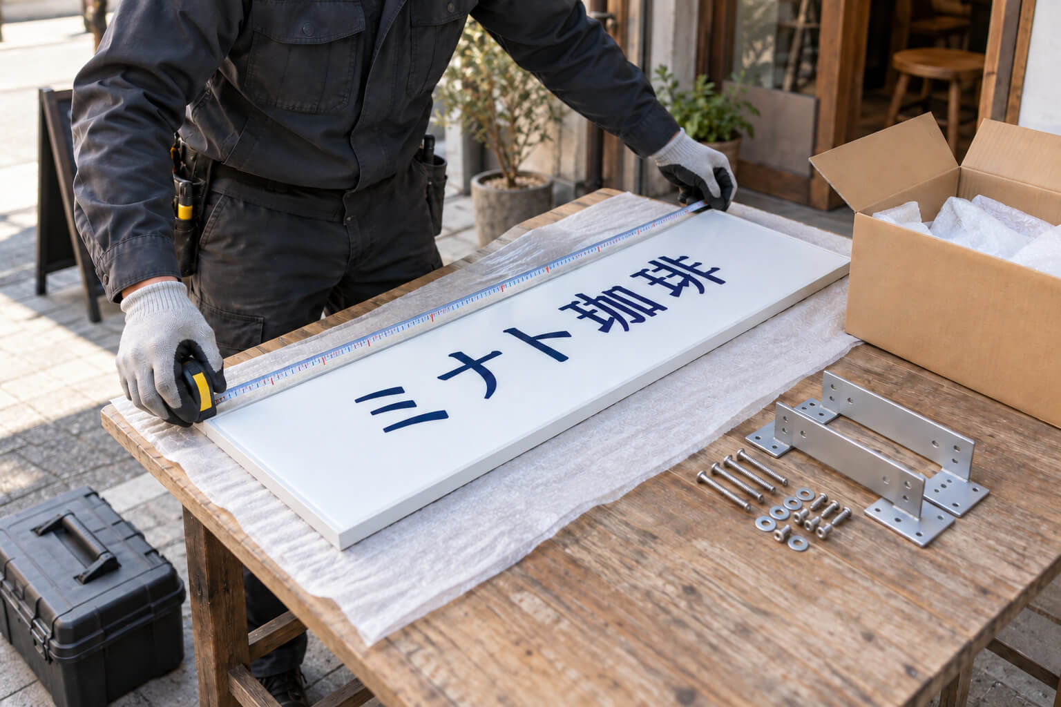 通販で届いた看板と取付金具を、施工スタッフが取り付けの前に確かめている様子