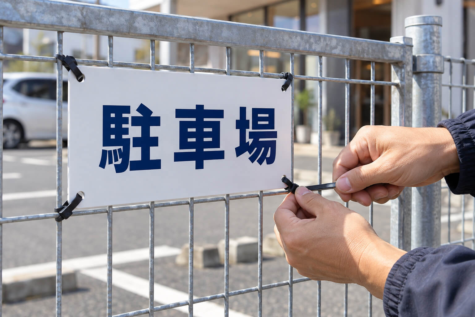 店舗の前のフェンスに、プレート看板を結束バンドで取り付けている手元