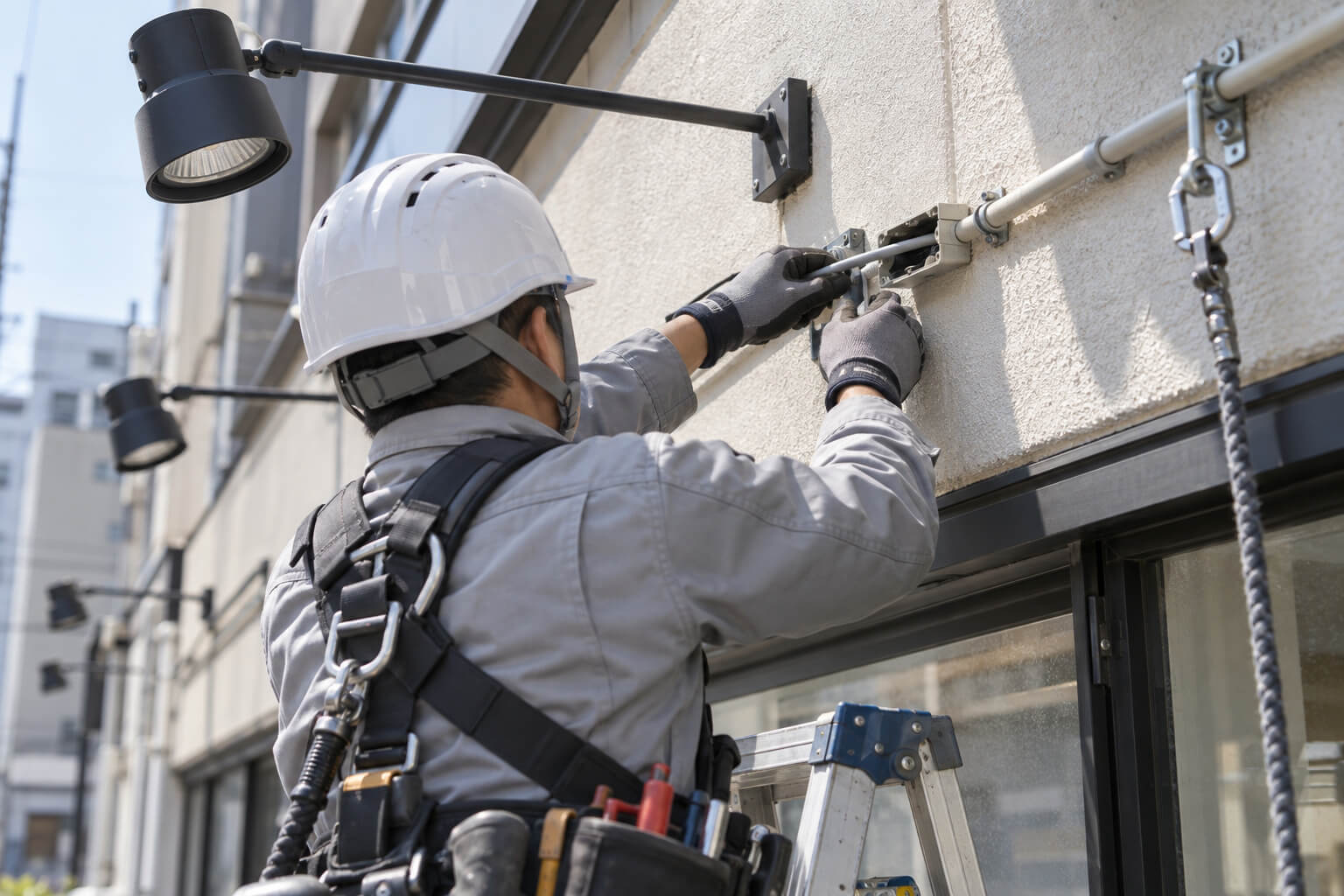 電気工事士が、看板の照明につなぐ電線を壁の配管に通している様子