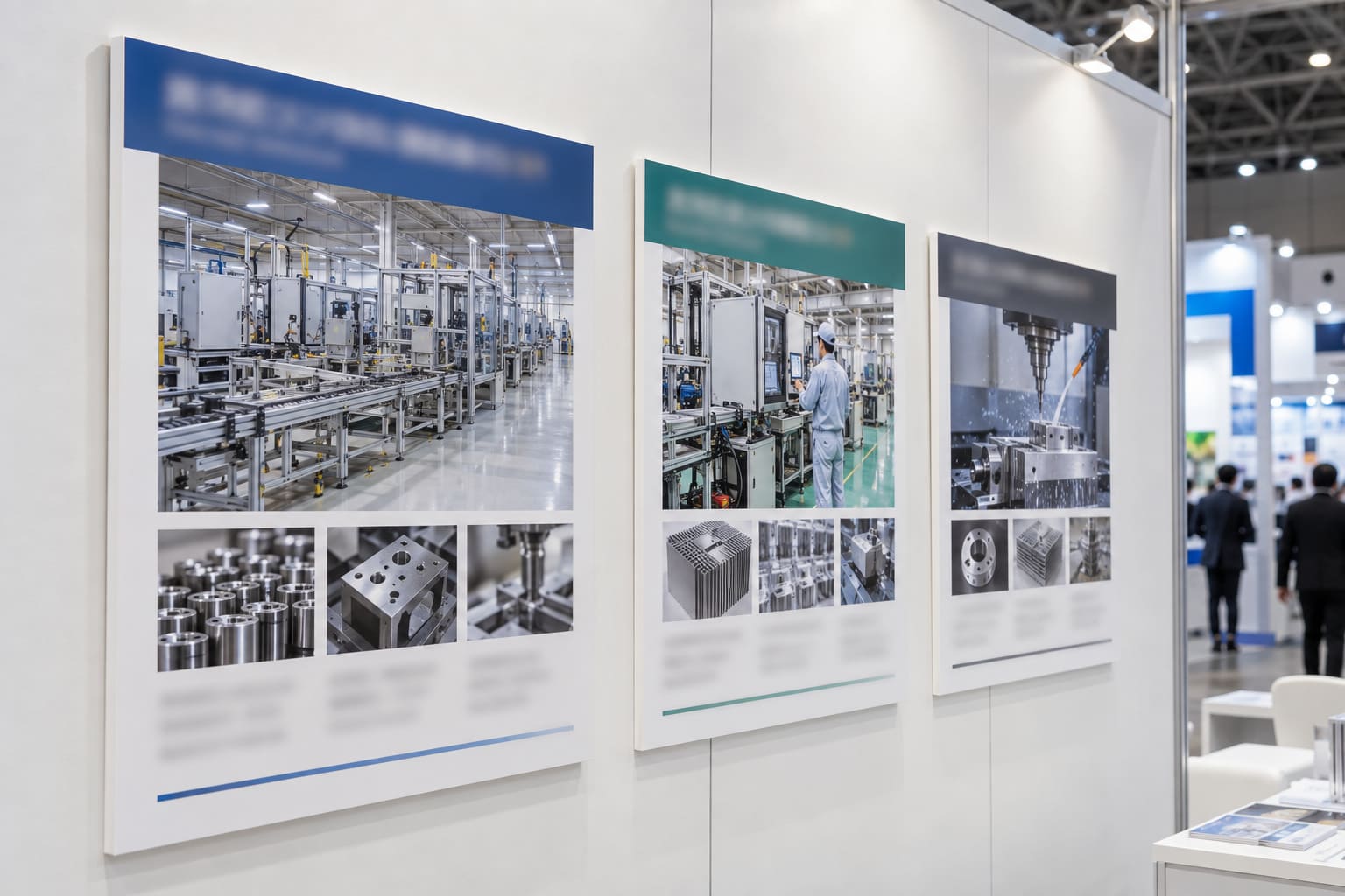 展示会のブースで、白い壁に写真と文字を印刷したスチレンボードのパネルが3枚並んで掛けられている様子