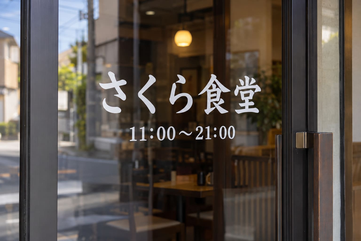 飲食店の入口のガラス扉に、白いカッティングシートで切り抜いた店名と営業時間の文字が貼られている様子