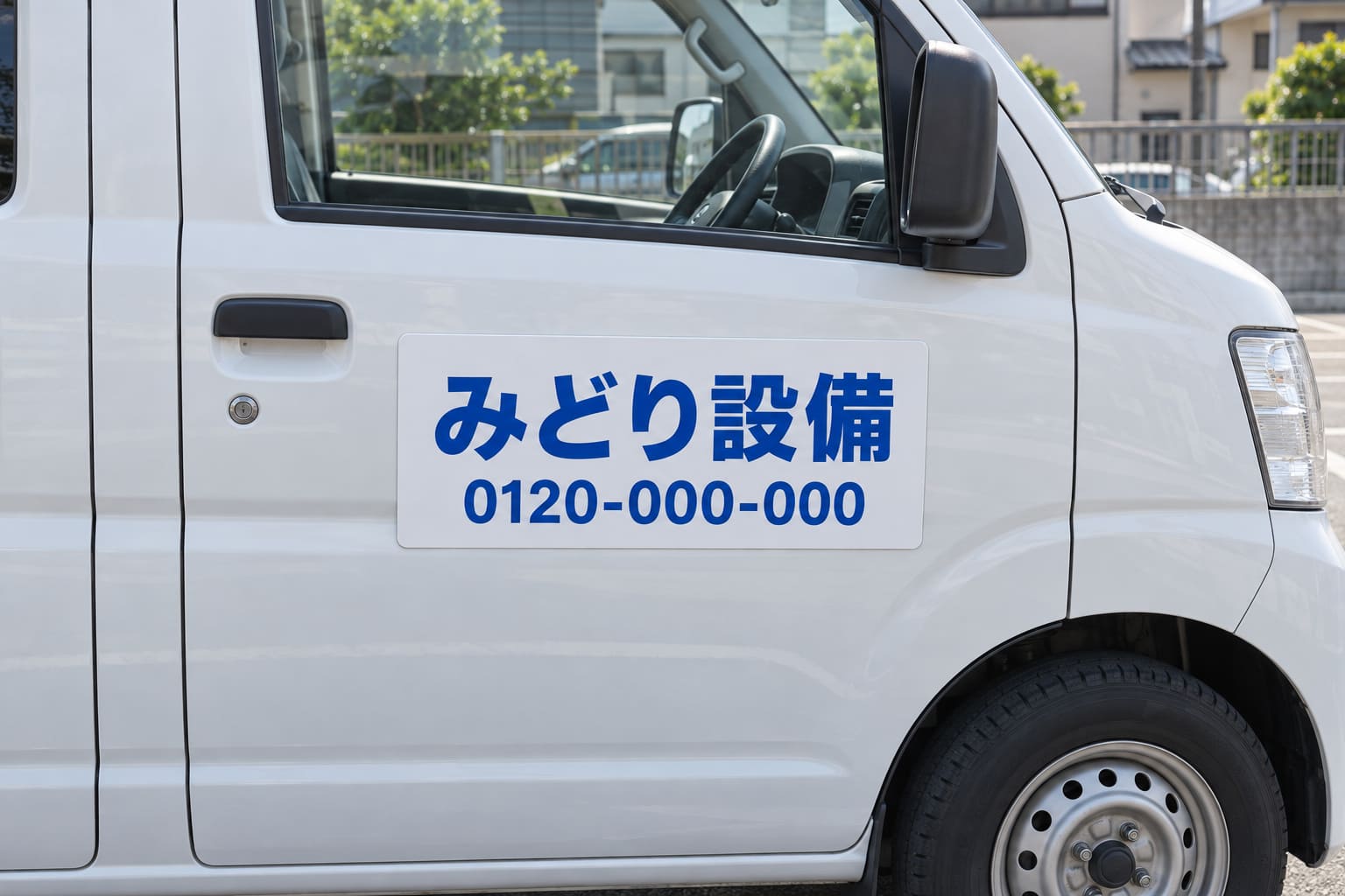 白い営業用のバンの側面のドアに、社名「みどり設備」と電話番号を印刷したマグネットシートが貼られている様子