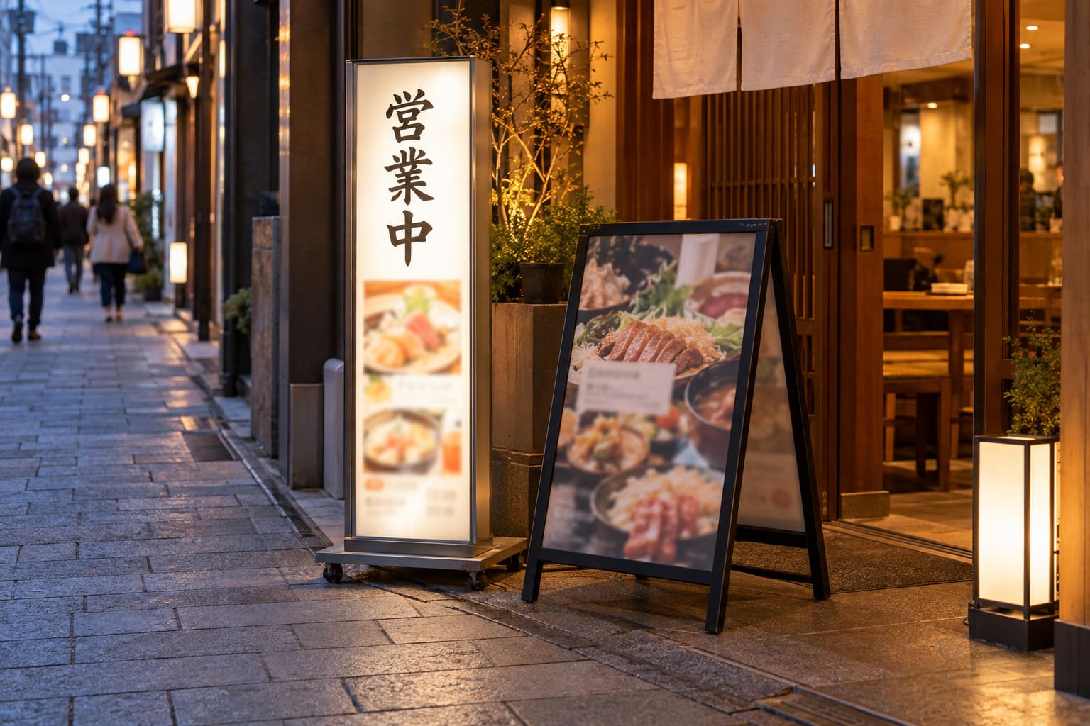 夕方の飲食店の店先で、光る電飾スタンド看板とA型のスタンド看板が並んで置かれている様子