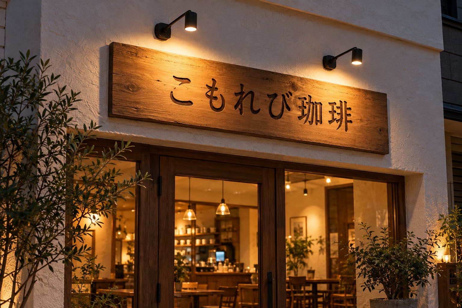 夜のカフェの入口の上の壁に、木の板に店名を彫った看板が付き、上から黒いアームライト2灯が電球色の光で照らしている様子