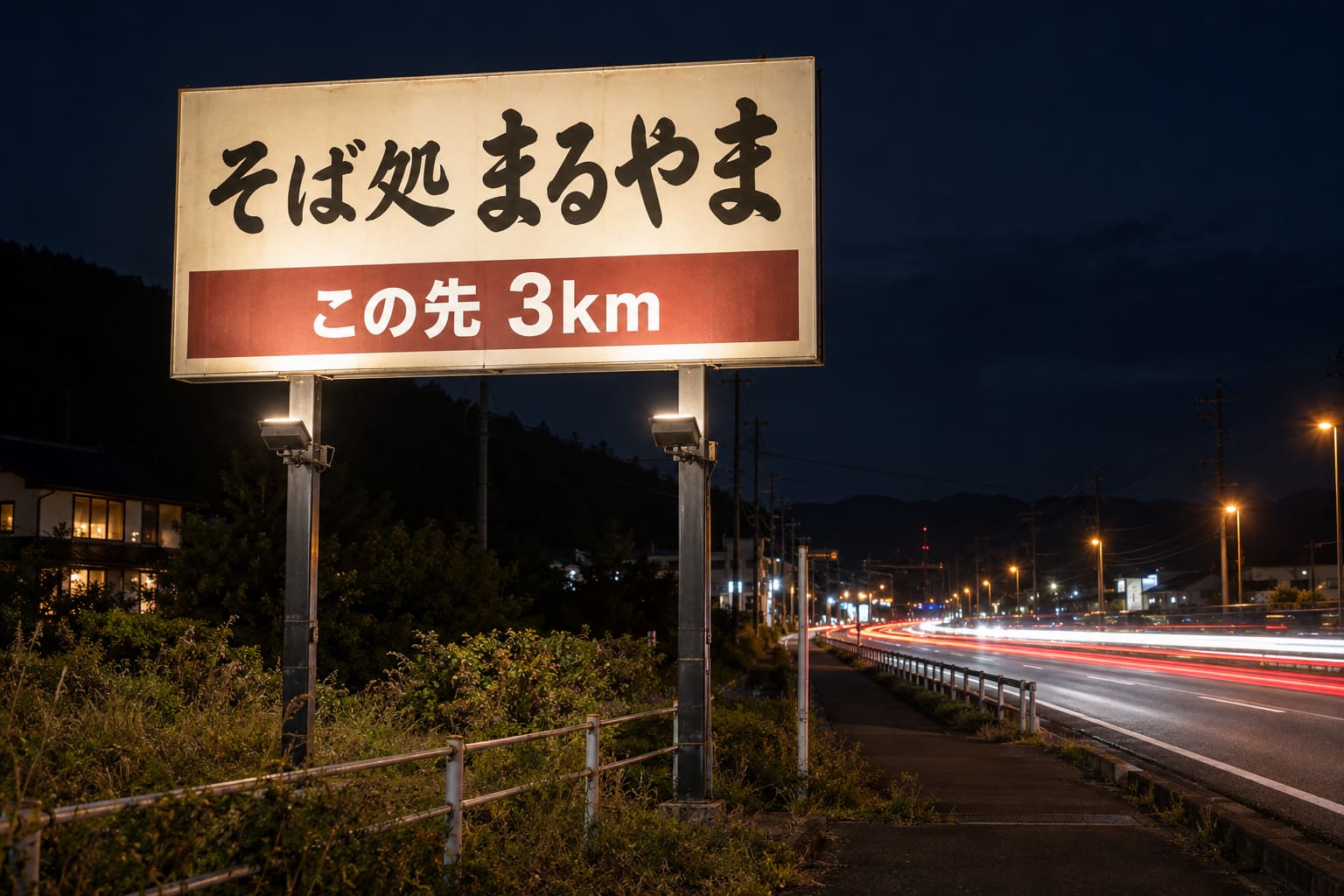 夜の郊外の道路沿いに立つ2本の柱の大きな野立て看板が、柱の途中に付けた投光器で下から照らされ、車のライトが流れている様子
