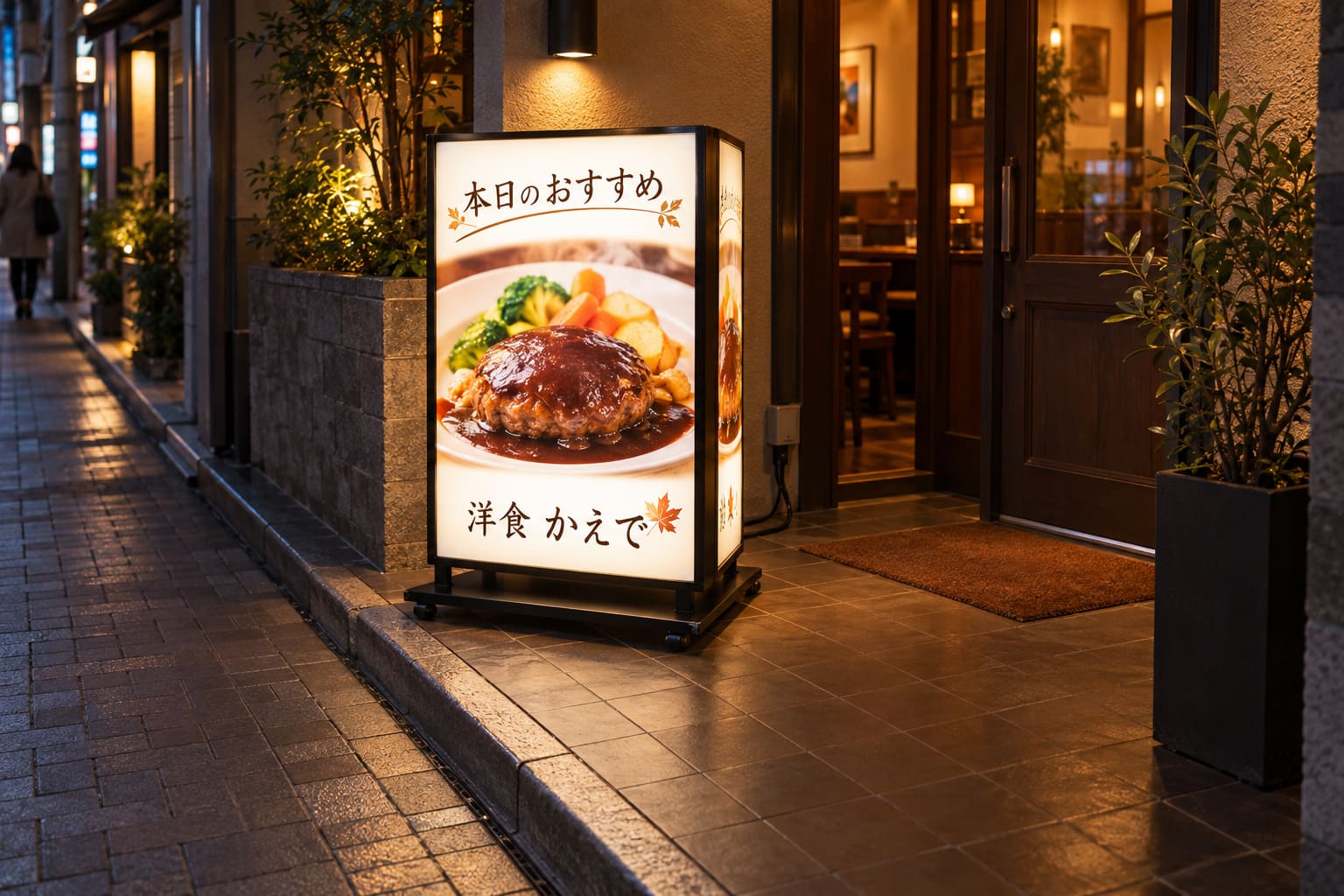 夜の商店街の店先の敷地に、両面が光る電飾スタンド看板が置かれ、メニューの写真と店名が明るく浮かび上がっている様子
