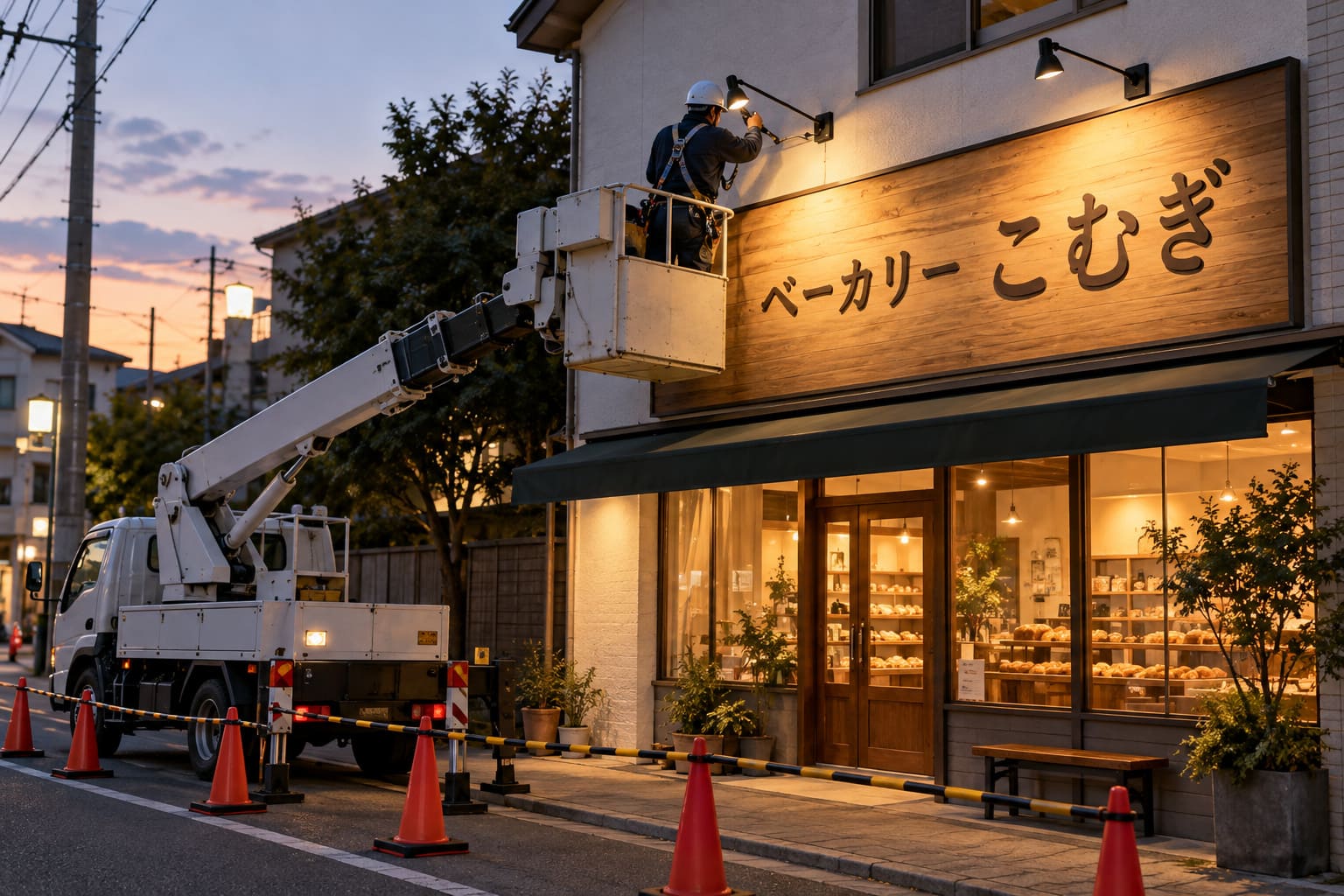 夕方、高所作業車のかごに乗った作業員が、店の2階の高さの壁面看板の上に、黒いLEDのアームライトを取り付けている様子