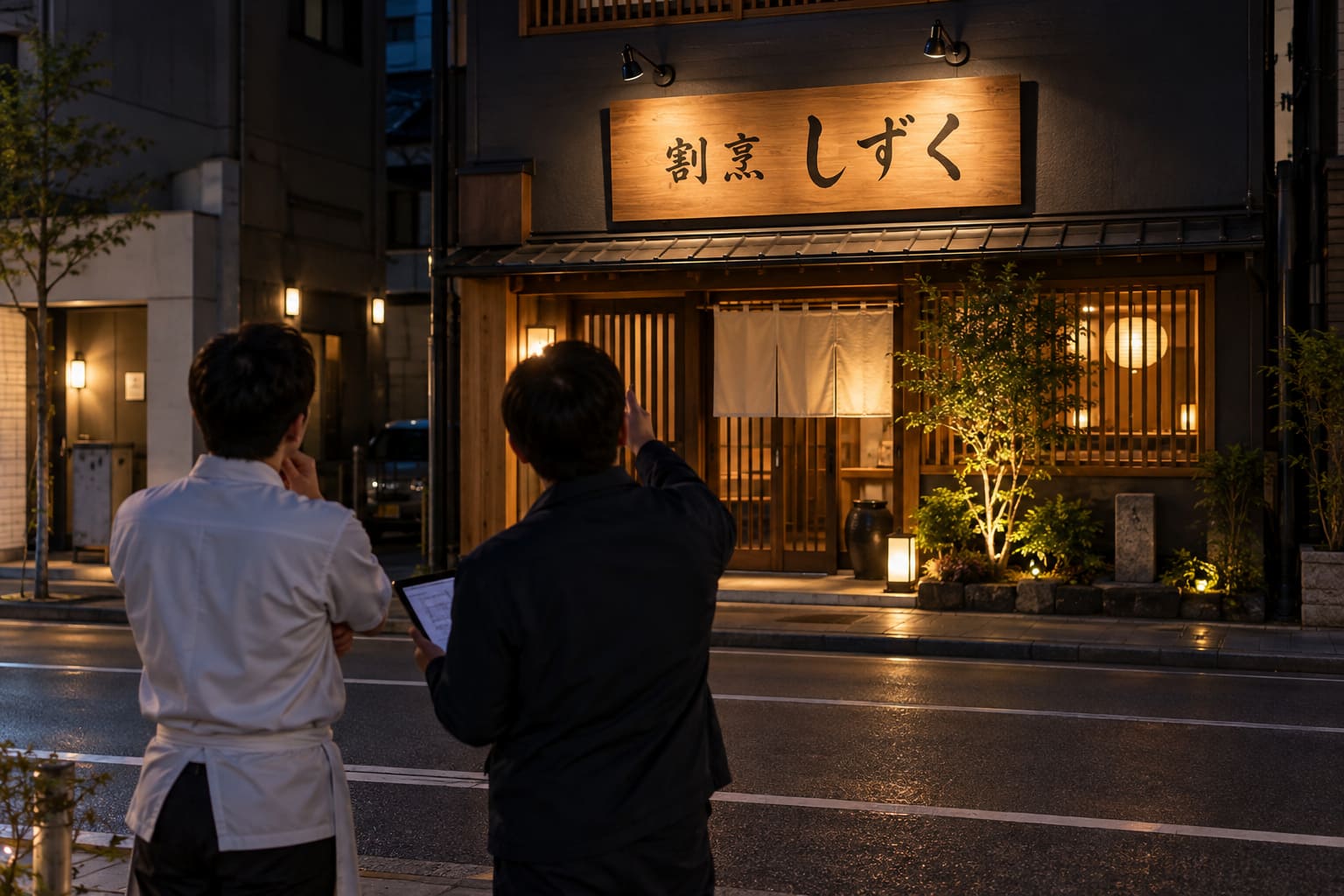 夜、店の向かいの歩道から、店主と看板会社の担当者が並んで、アームライトに照らされた店の看板の明るさとまぶしさを確かめている後ろ姿