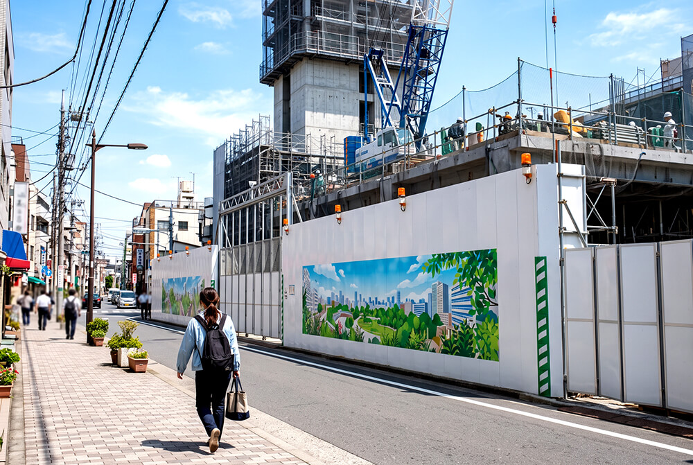 市街地の工事現場で、白いフラットパネルの仮囲いに、空と緑の街並みを描いたシートが貼られている様子