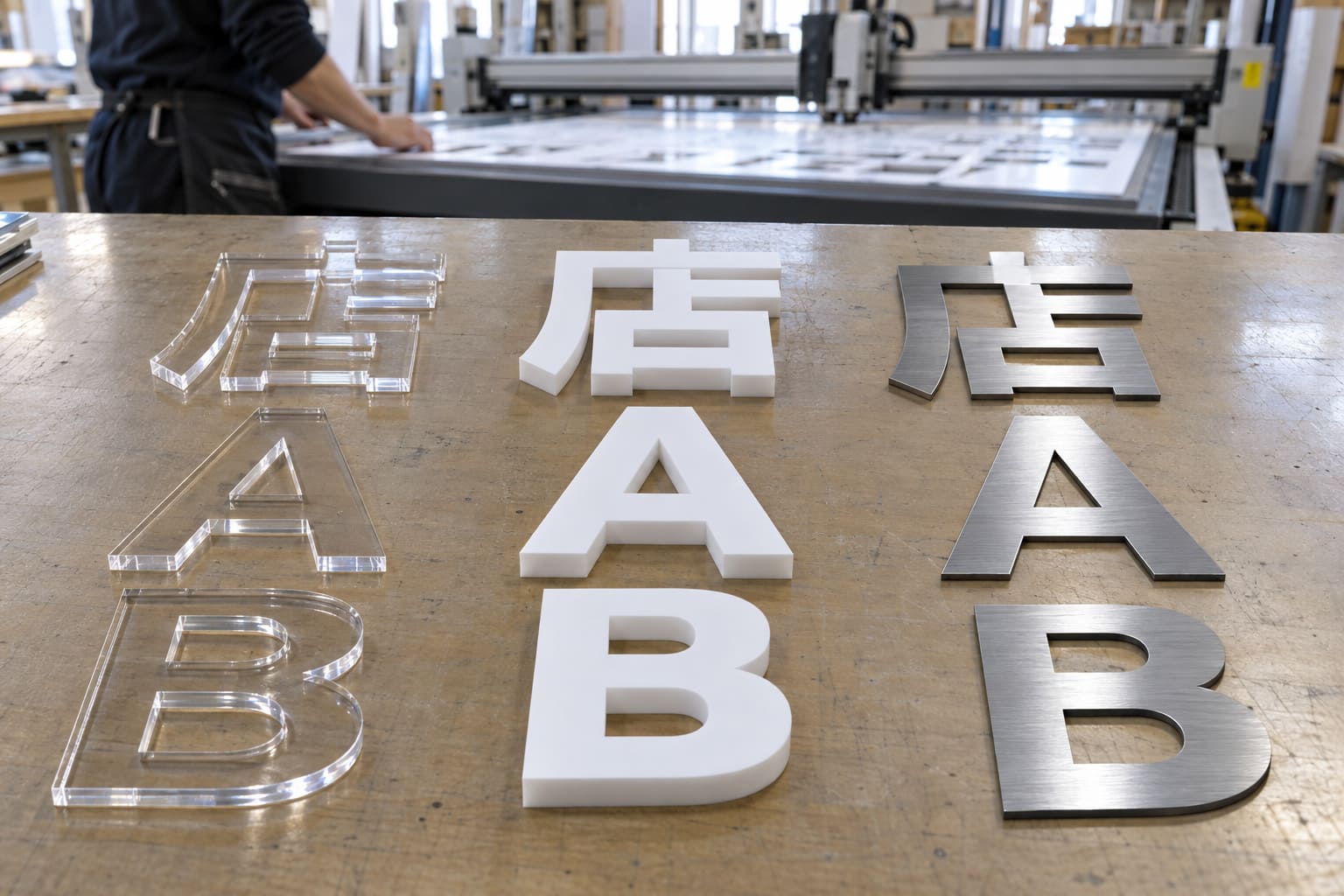 看板工場の作業台に、切り出したばかりのアクリル・カルプ・ステンレスの切り文字が素材ごとに並べられている様子