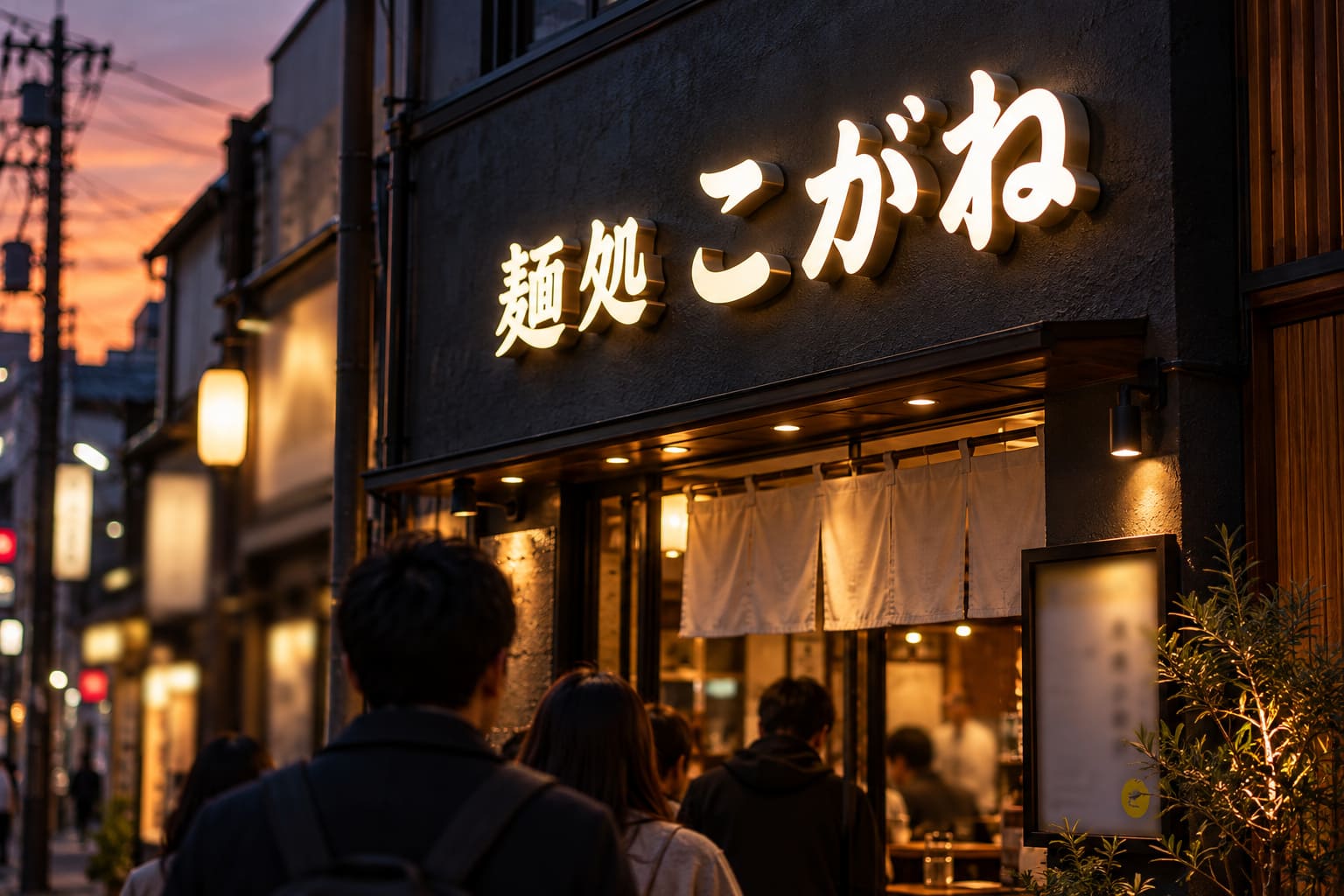 夕暮れの商店街で、飲食店の正面の壁に付いた白く光るチャンネル文字の架空の店名が、まわりより明るく浮かんでいる様子