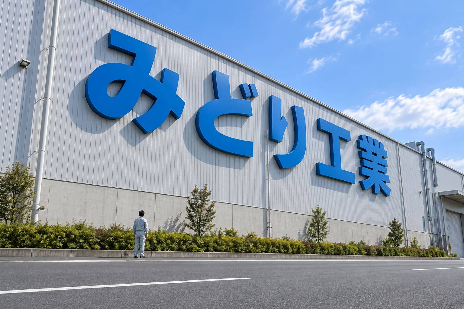 郊外の工場の高い外壁に、1文字が人の背丈ほどある青い大きな立体文字で架空の社名が付いていて、手前の道路から見上げている様子