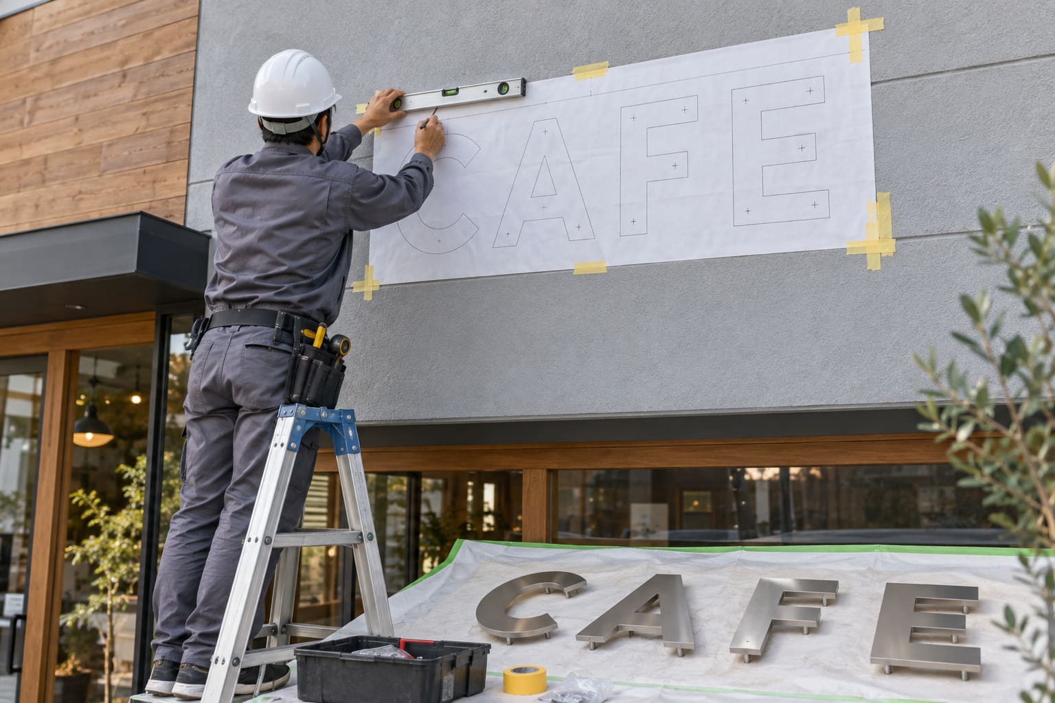 店の外壁に原寸の型紙を貼り、施工の作業者が水平器を当てて切り文字の取り付け位置に印を付けている様子
