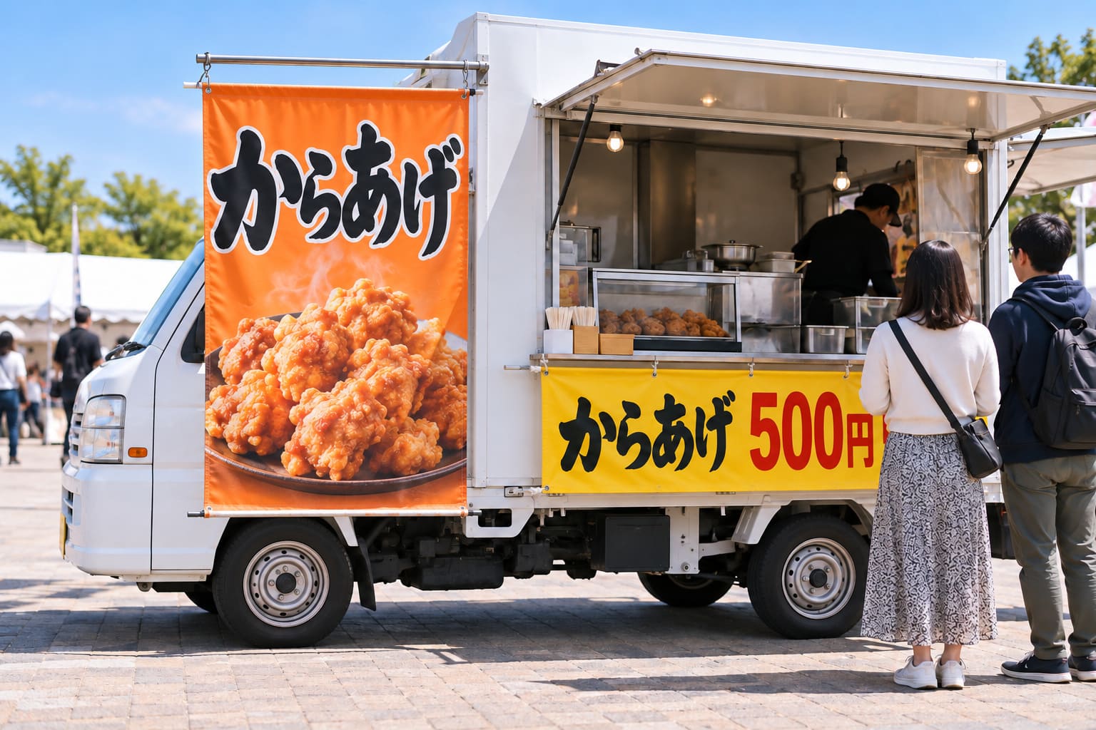 イベント会場に停めた軽トラックのキッチンカーに、助手席側の縦長のタペストリーと販売窓の下の横長の幕を付けた様子