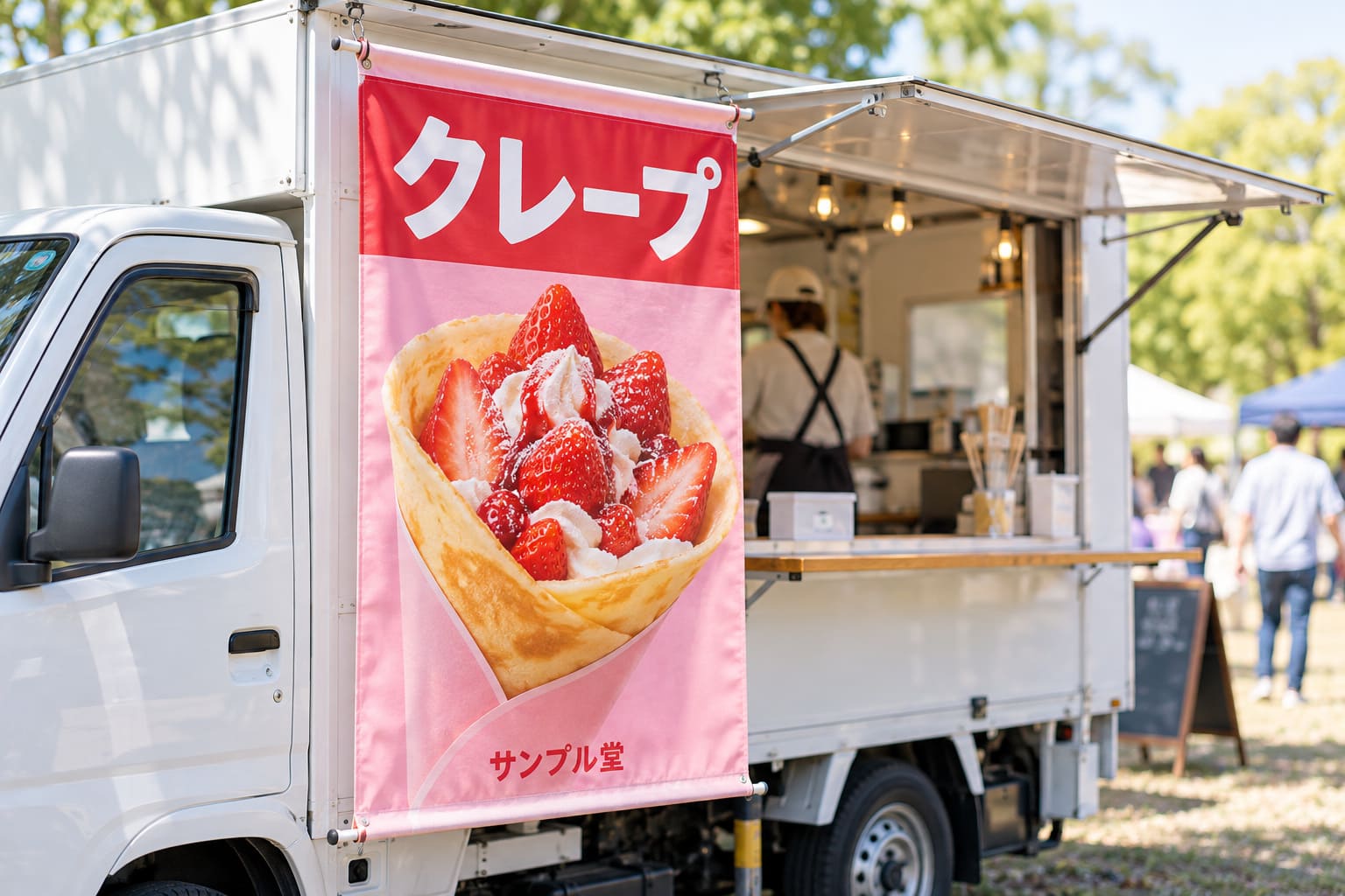 ピンクの地に大きなクレープの写真と店名を入れた縦長のタペストリーが、キッチンカーの助手席側に掛かっている様子