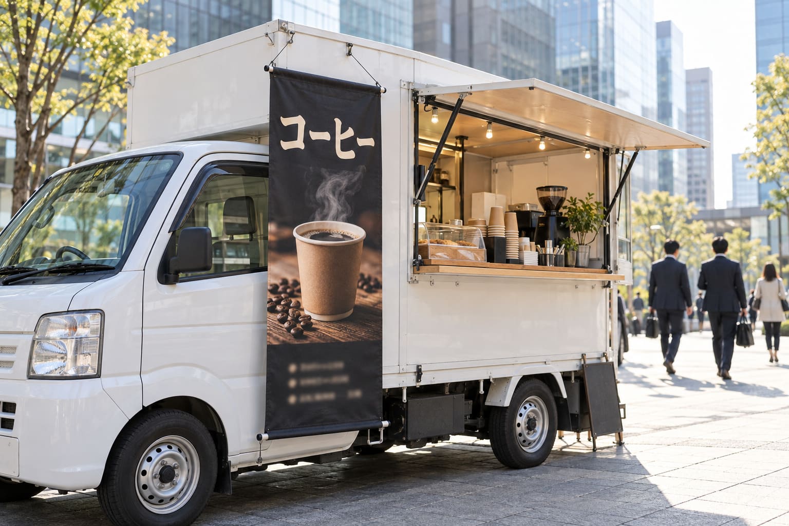 黒と生成りの2色で、コーヒーカップの写真と短いメニューを入れた縦長のタペストリーがキッチンカーに掛かっている様子