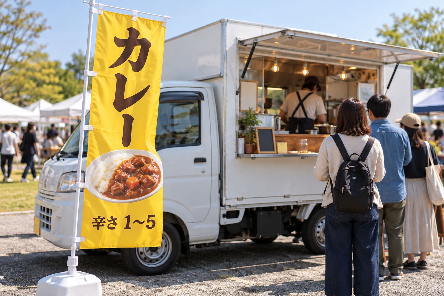 キッチンカーの横に立てたスタンドに、カレーの写真と辛さの段階を入れた縦長のタペストリーが掛かっている様子