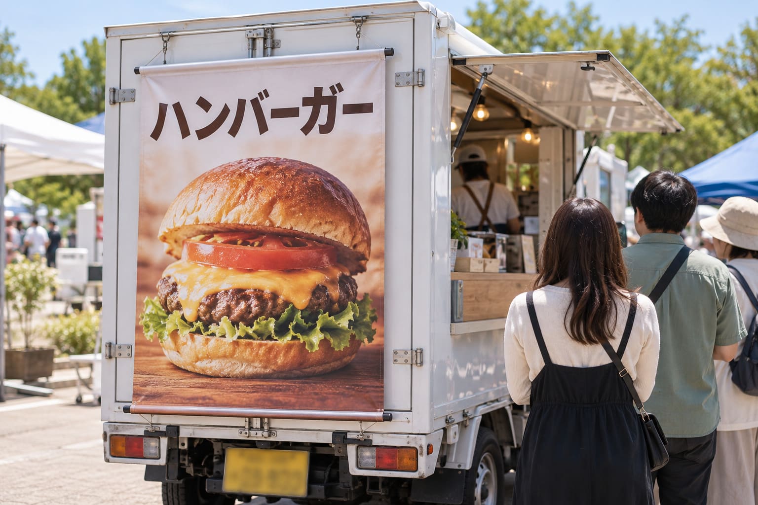 イベント会場に停めたキッチンカーの後ろの扉に、ハンバーガーの写真のタペストリーを掛けている様子