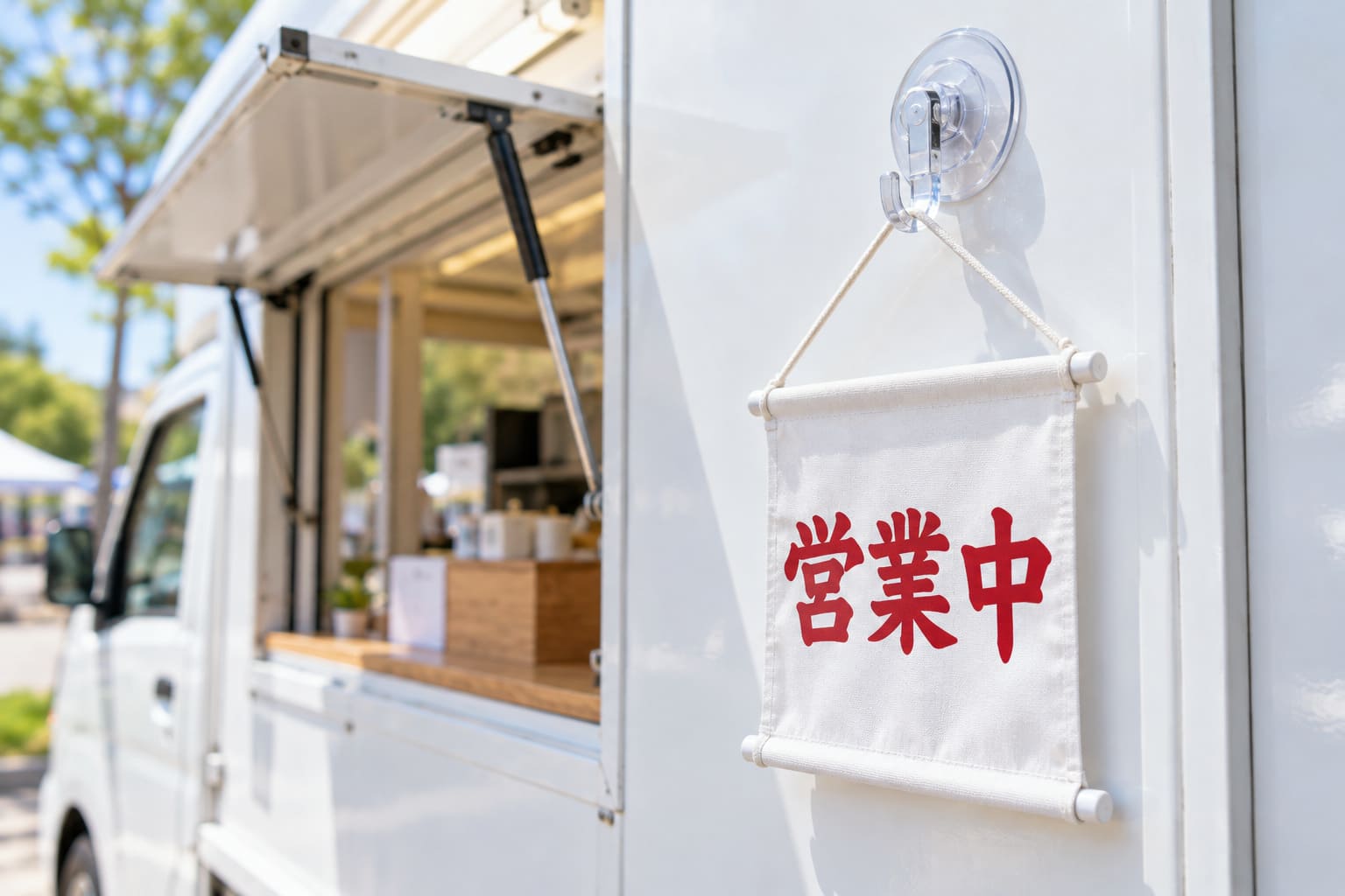 キッチンカーの平らな塗装面に付けた大きな透明の吸盤フックに、「営業中」の小さな幕が掛かっているアップ
