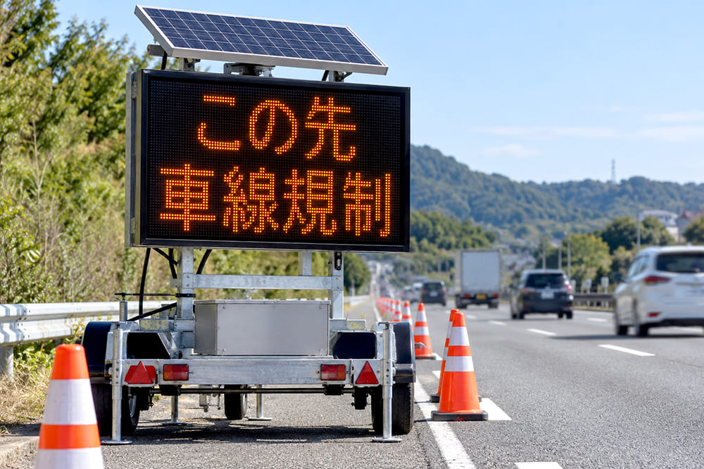 国道の路肩に、ソーラーパネルを載せた大型の電光標示板が置かれ、オレンジ色のLEDで「この先 車線規制」と表示している様子