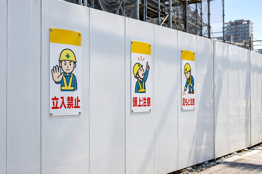 建設現場の白い仮囲いのフェンスに、作業員のイラストが描かれた縦長のマンガ標識が数枚、等間隔で取り付けられている様子
