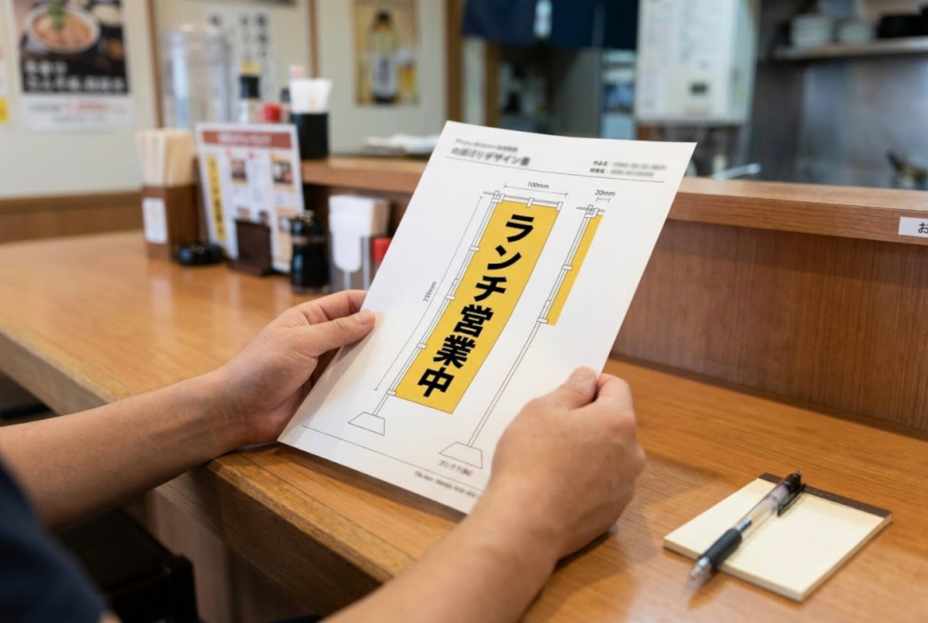 店のカウンターで、のぼりのデザイン案を印刷した紙を手に取り、書かれた言葉を確かめている手元の様子