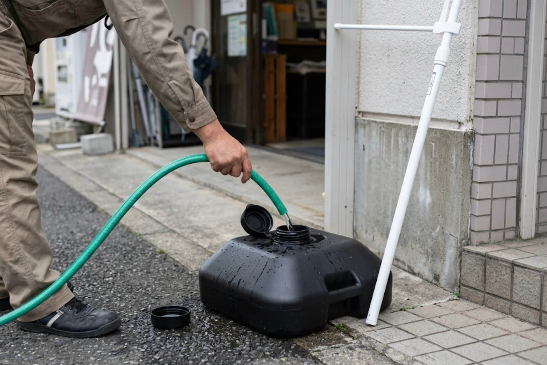 店先で、黒い注水台にホースで水を入れている手元の様子
