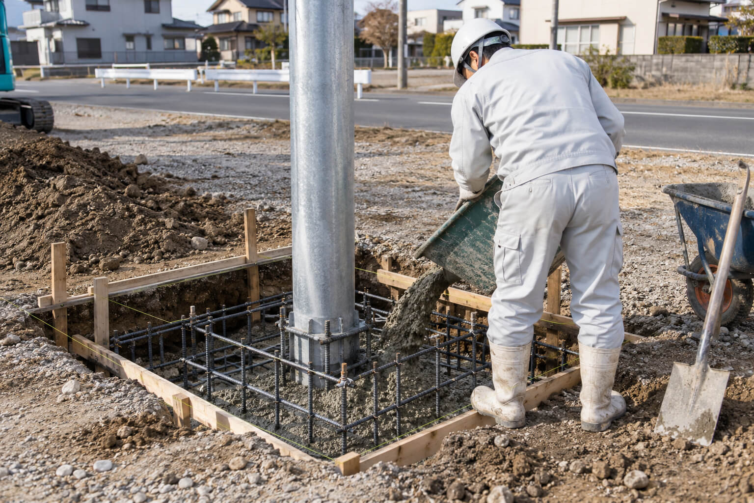 野立て看板の支柱を立てるために掘った穴に、職人がコンクリートを流し込んで基礎を作っている様子