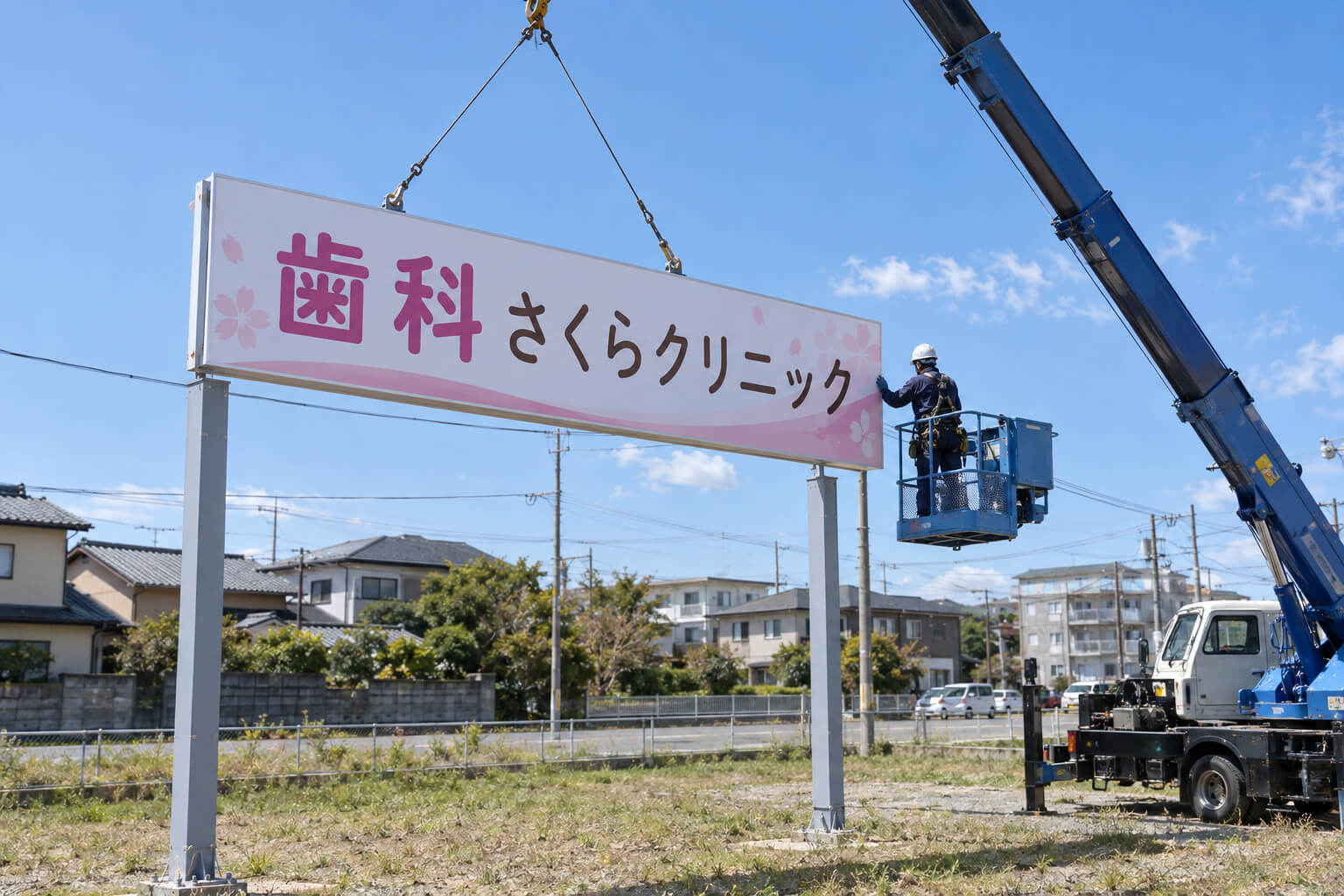 クレーン車で吊り上げた看板面を、職人が2本の支柱に取り付けている様子