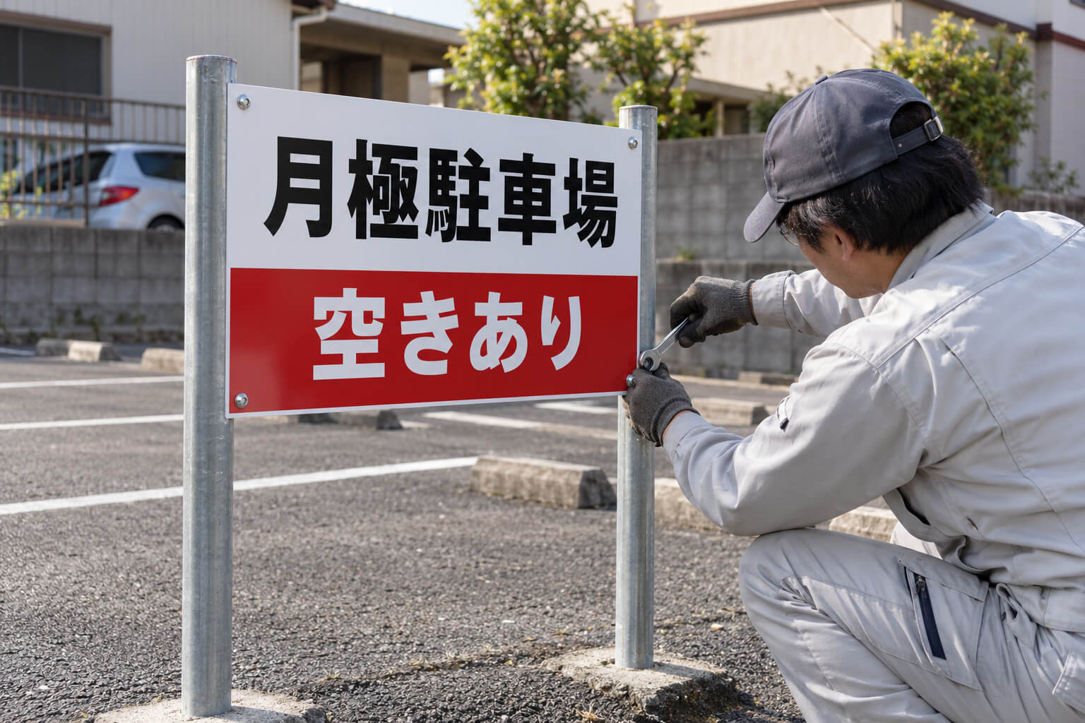 職人が鋼管の支柱にアルミ複合板の小型看板をボルトで取り付けている様子