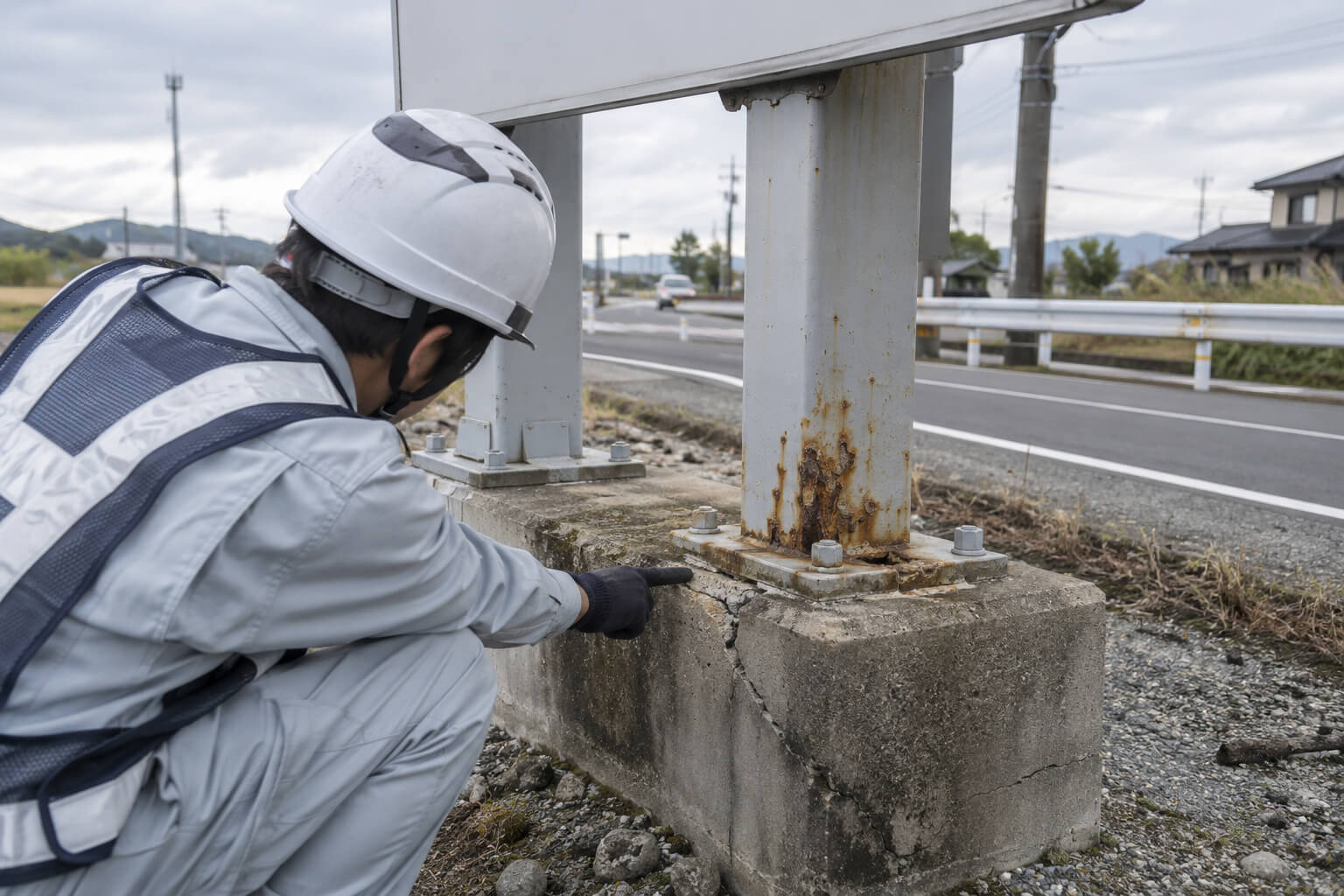 台風シーズンの前に、点検員が野立て看板の支柱の根元のサビや基礎のひび割れを確認している様子