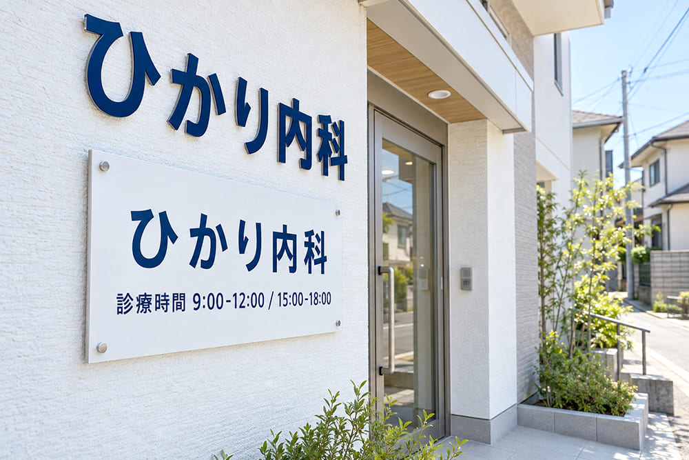 住宅街のクリニックの入口の横の白い外壁に、架空の医院名と診療時間を入れた白地のプレート看板が4か所のビスで取り付けられ、その上に紺色の切り文字の医院名がある様子