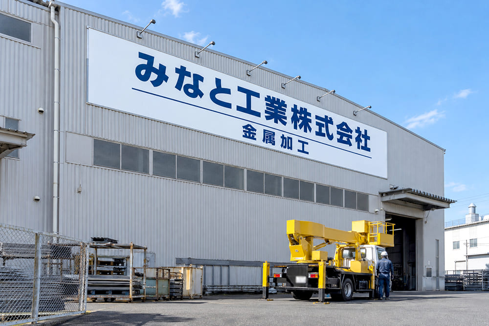 郊外の工場の外壁の高い位置に、架空の社名と業種を入れた横に長い大きな看板が取り付けられ、手前に高所作業車が止まっている様子