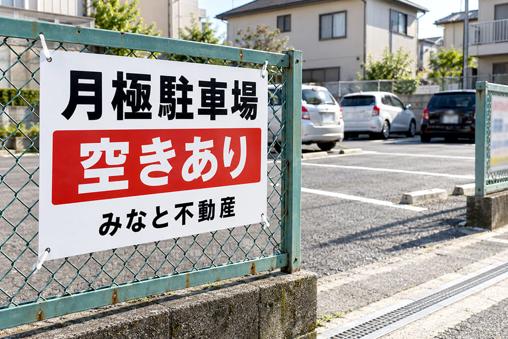 住宅街の月極駐車場の金網フェンスに、架空の会社名と「月極駐車場 空きあり」「お問い合わせ」の文字を入れた白地のプレート看板が取り付けられている様子