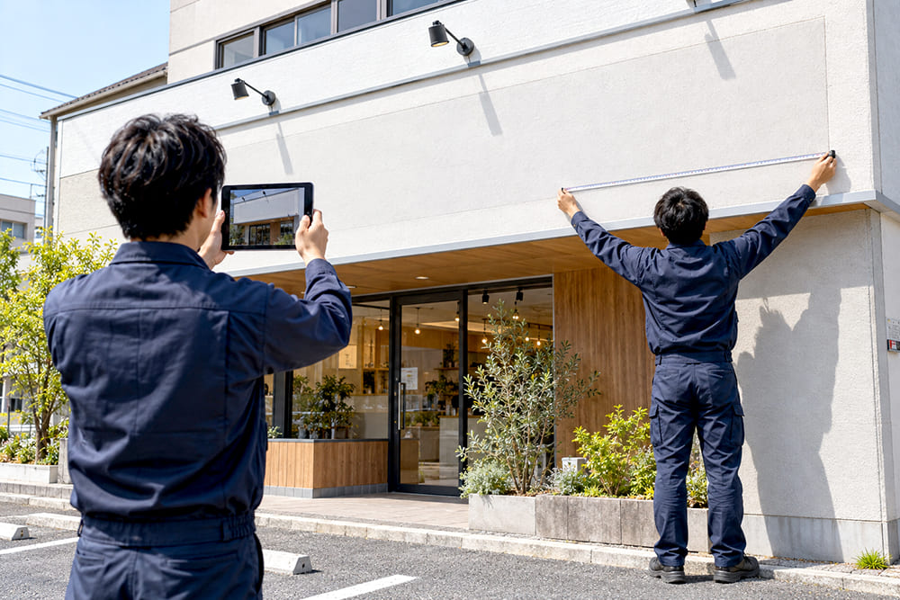 店舗の外壁の前で、看板会社の担当者がメジャーで壁の幅を測り、もう一人が建物の写真を撮っている様子