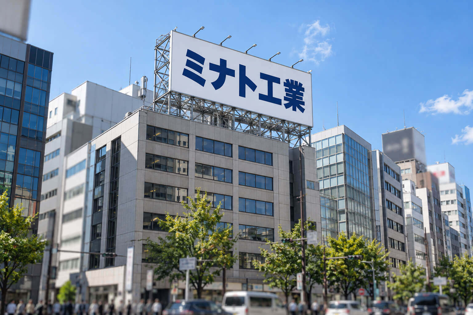 大阪のオフィス街で、ビルの屋上に鉄骨の架台で設置された横長の屋上広告塔を、通りから見上げた様子