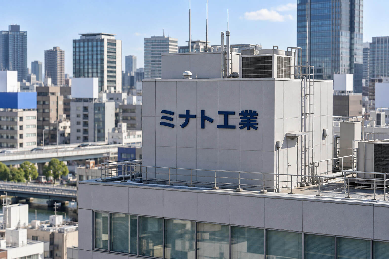 ビルの塔屋の壁面に、架空の会社名「ミナト工業」の切り文字が取り付けられた塔屋看板を、隣のビルから見た様子
