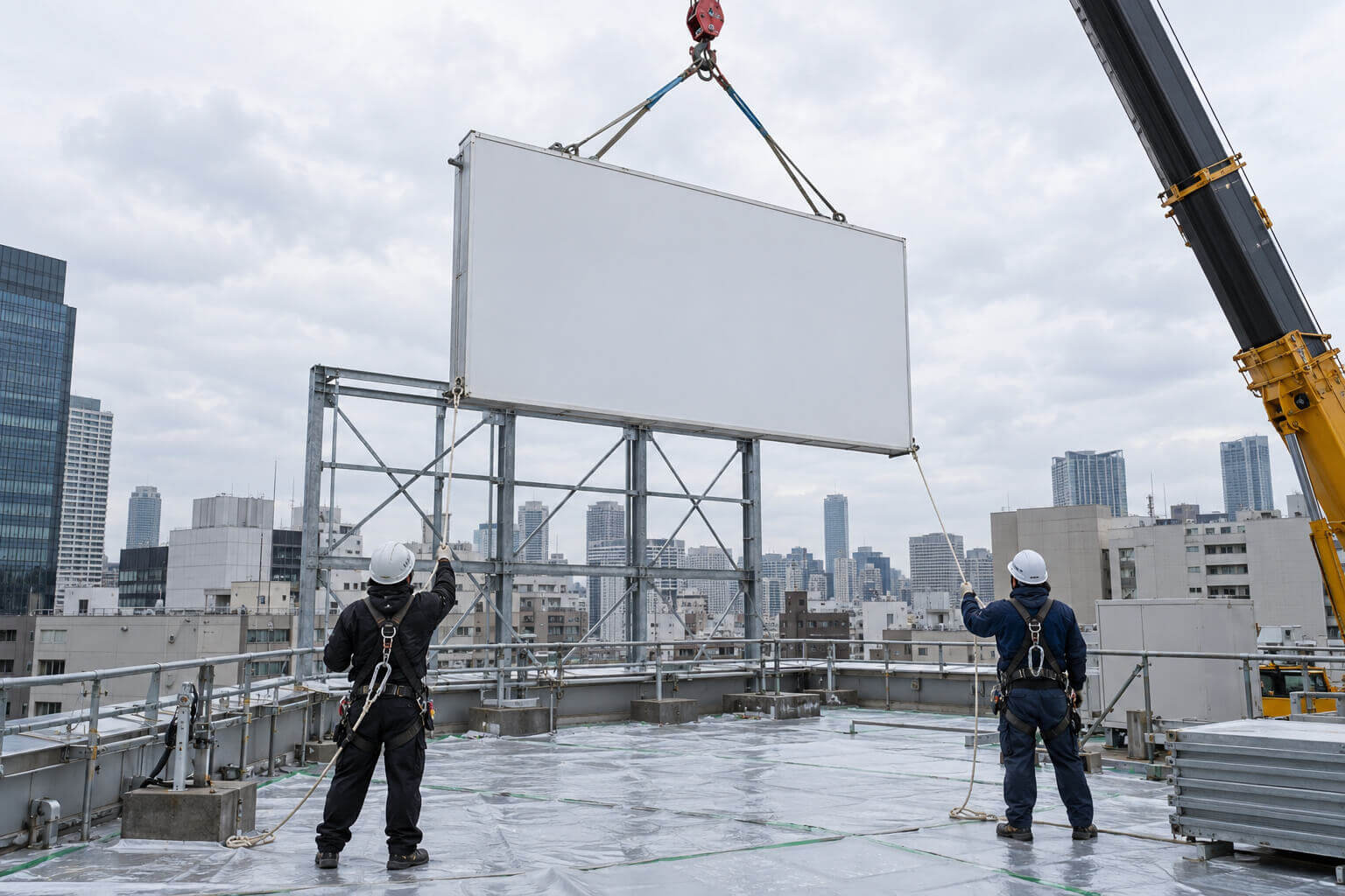 ビルの屋上で、クレーンで吊り上げた屋上広告塔の面板を、作業員がロープで誘導している工事の様子