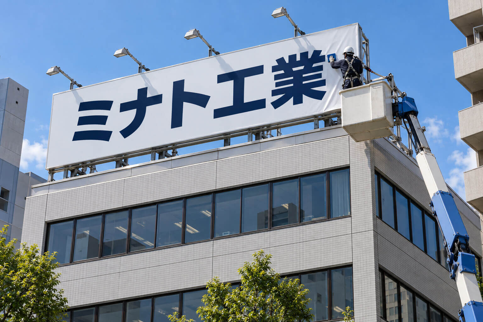 ビルの屋上広告塔の面板に、高所作業車のバケットに乗った作業員が新しい表示のシートを貼っている様子