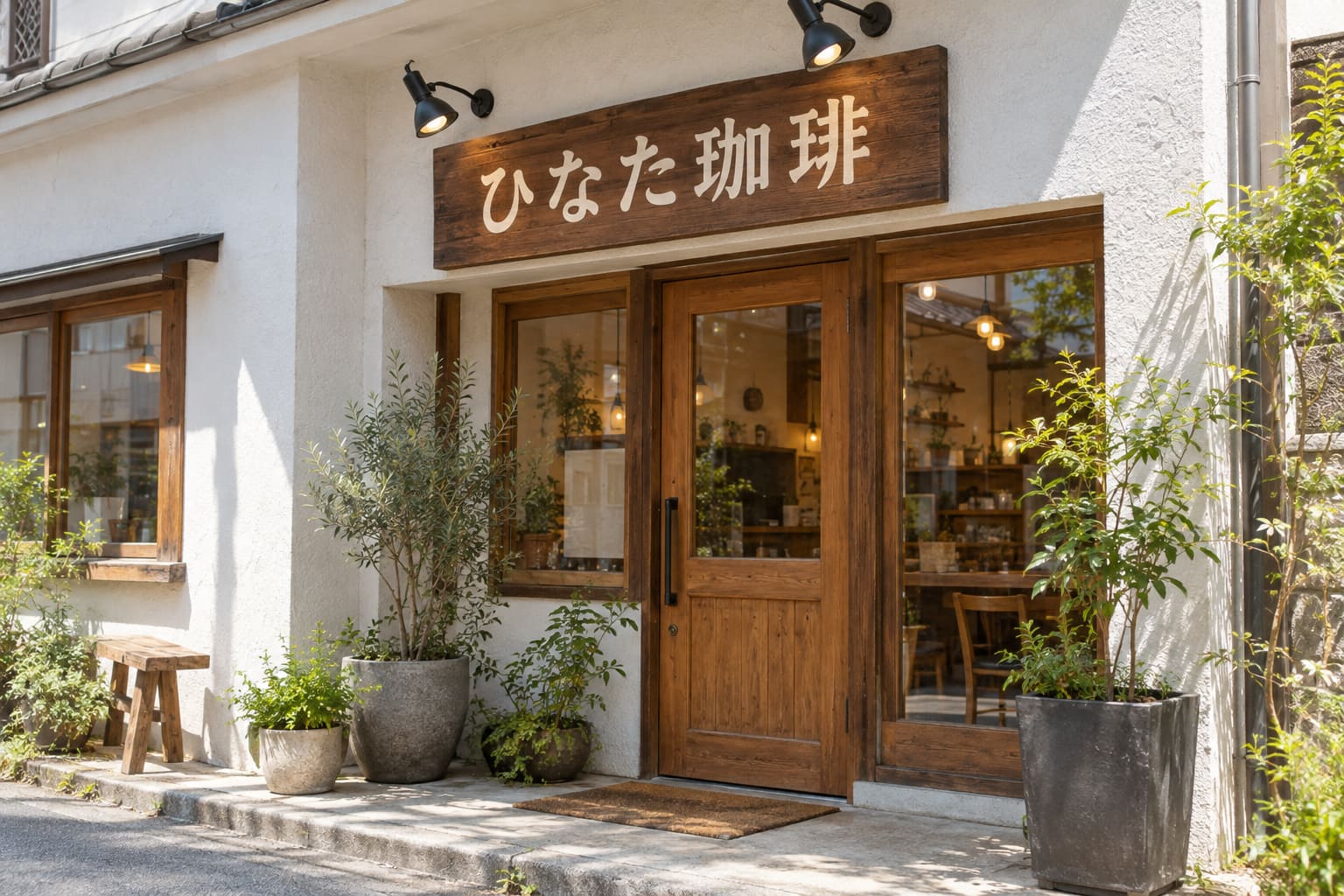 白い塗り壁のカフェの入口の上に、焼き色の木の板に生成り色の文字で「ひなた珈琲」と書かれた横長の看板と、黒いスポットライト2灯
